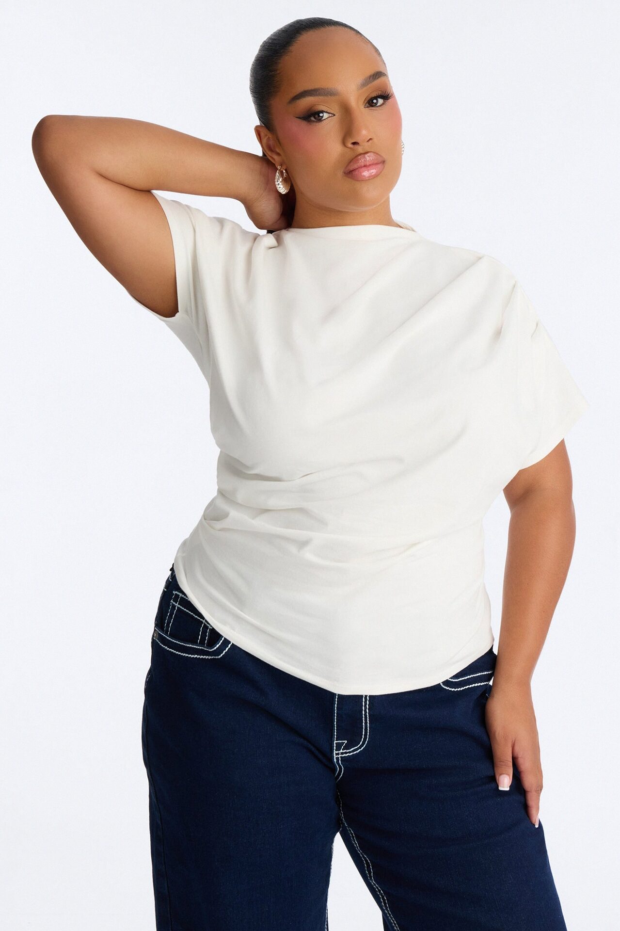 Janice Ruched Mock Neck Short Sleeve Tee - White
