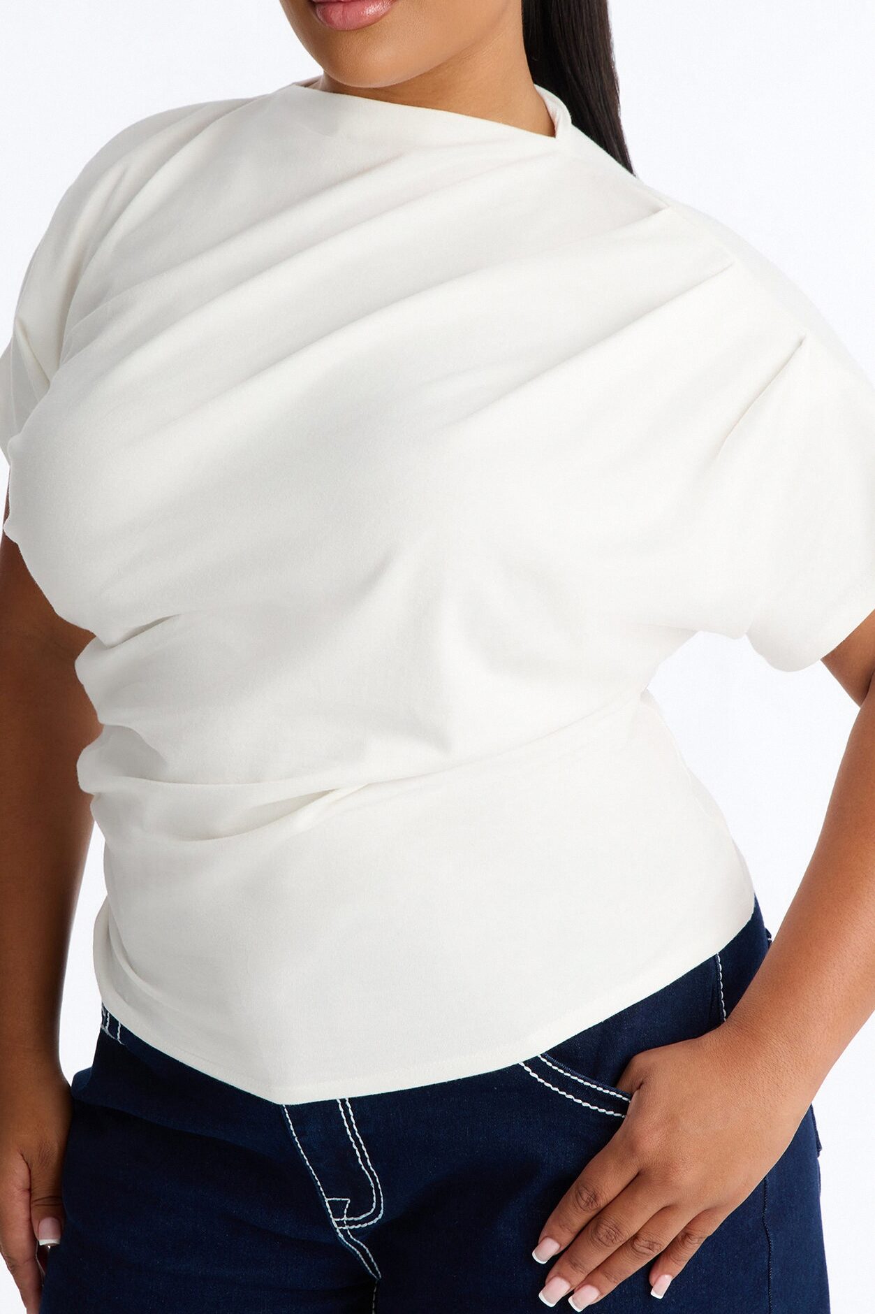 Janice Ruched Mock Neck Short Sleeve Tee - White
