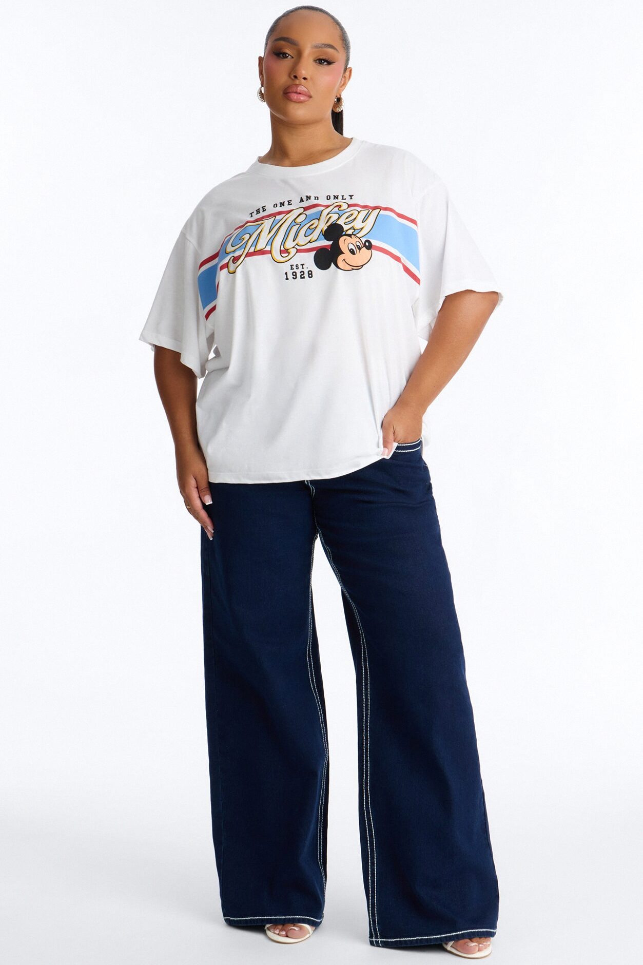 Throwback Mickey Stripe Drop Shoulder Tee - White