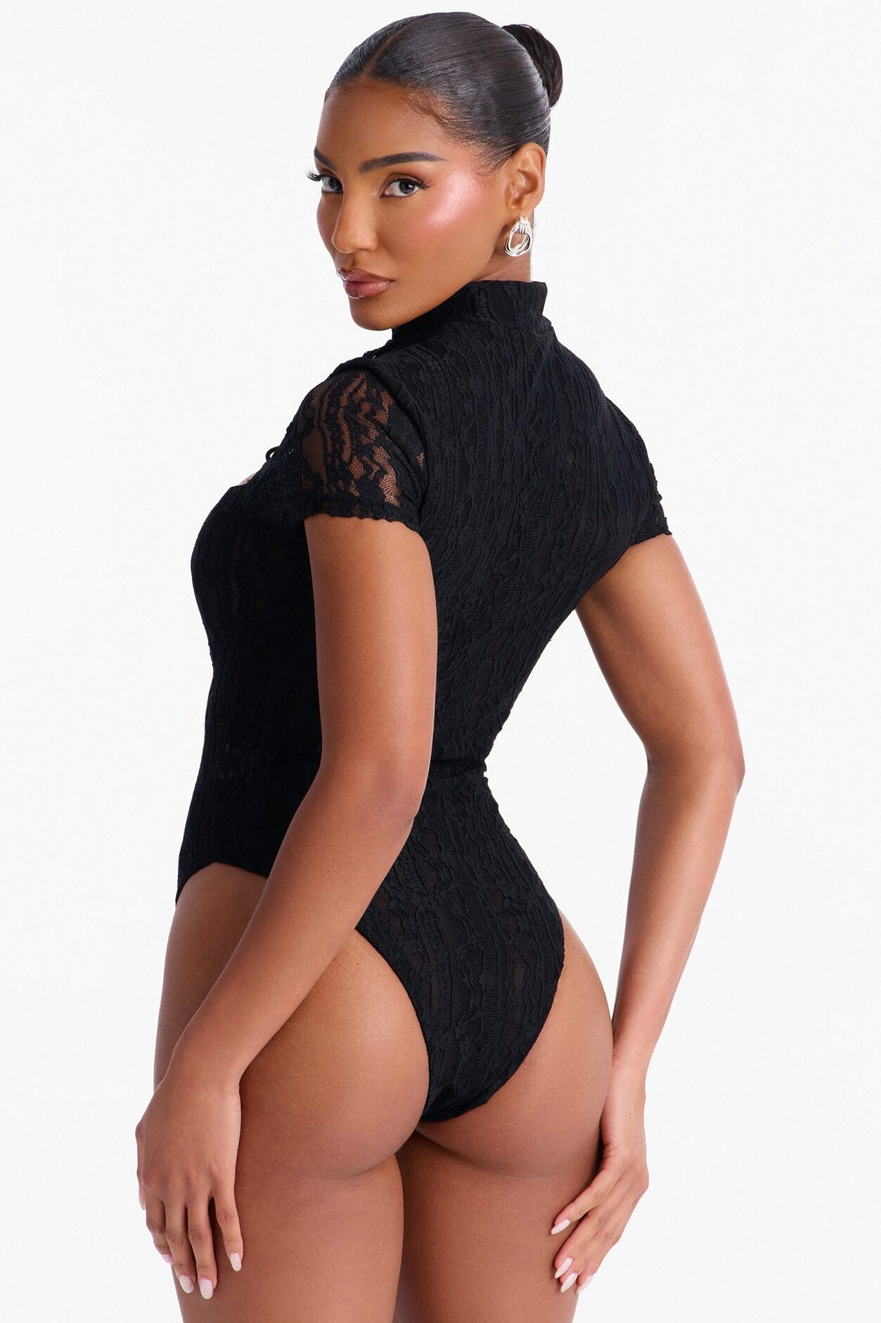 Lianne Lace Mock Neck Bodysuit - Black