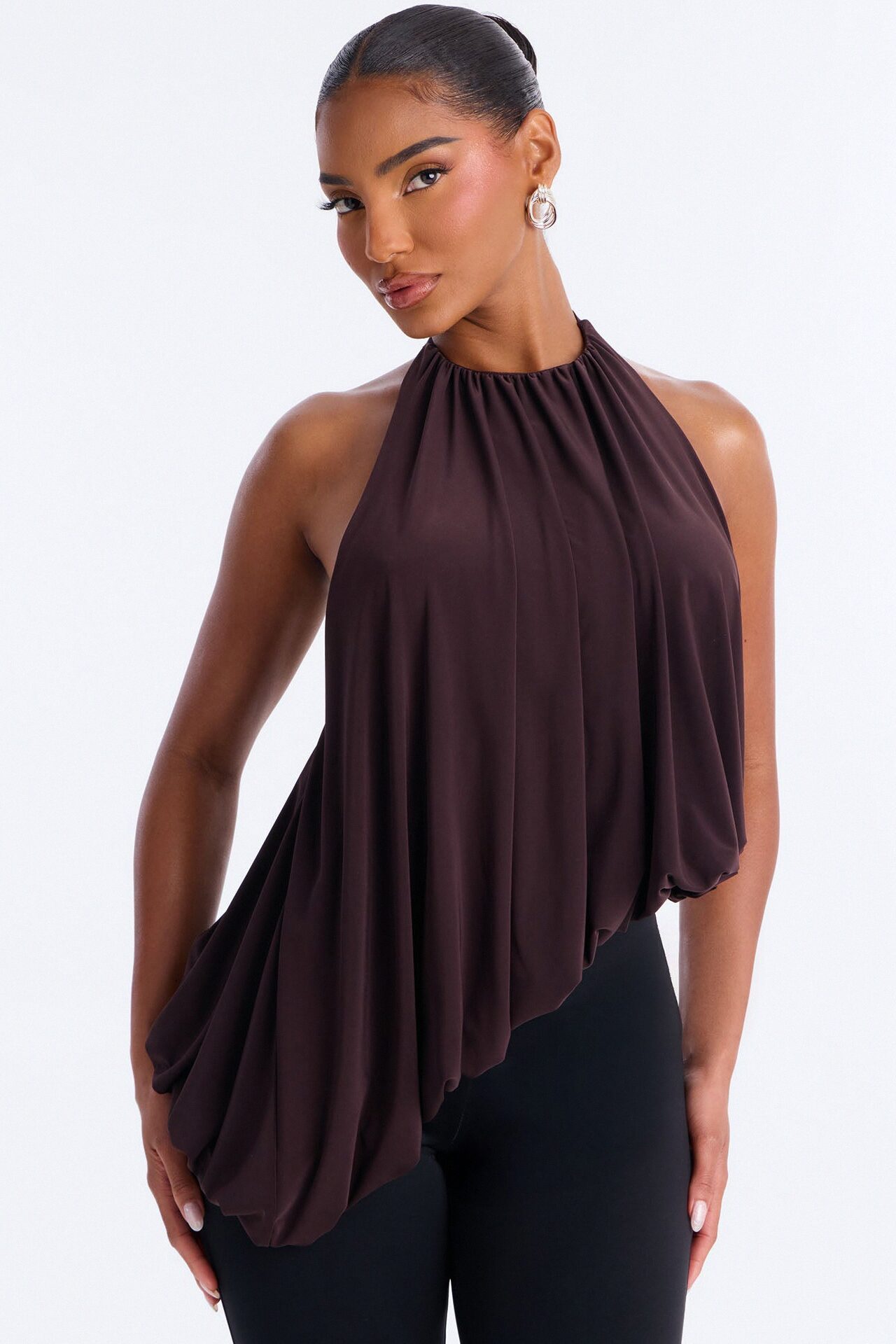 Selena Ruched Asymmetrical Halter Top - Brown