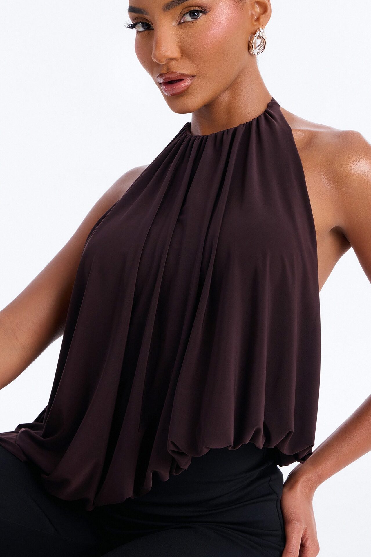 Selena Ruched Asymmetrical Halter Top - Brown