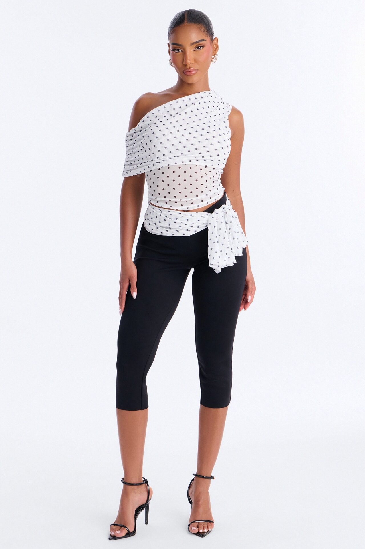 Kylie Polka Dot Off Shoulder Mesh Top - White/combo