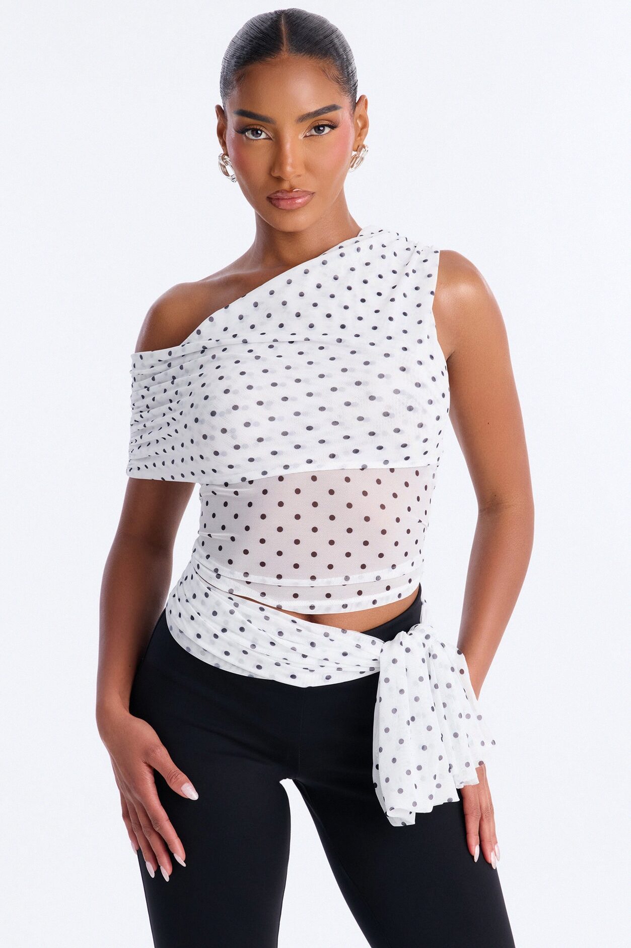 Kylie Polka Dot Off Shoulder Mesh Top - White/combo