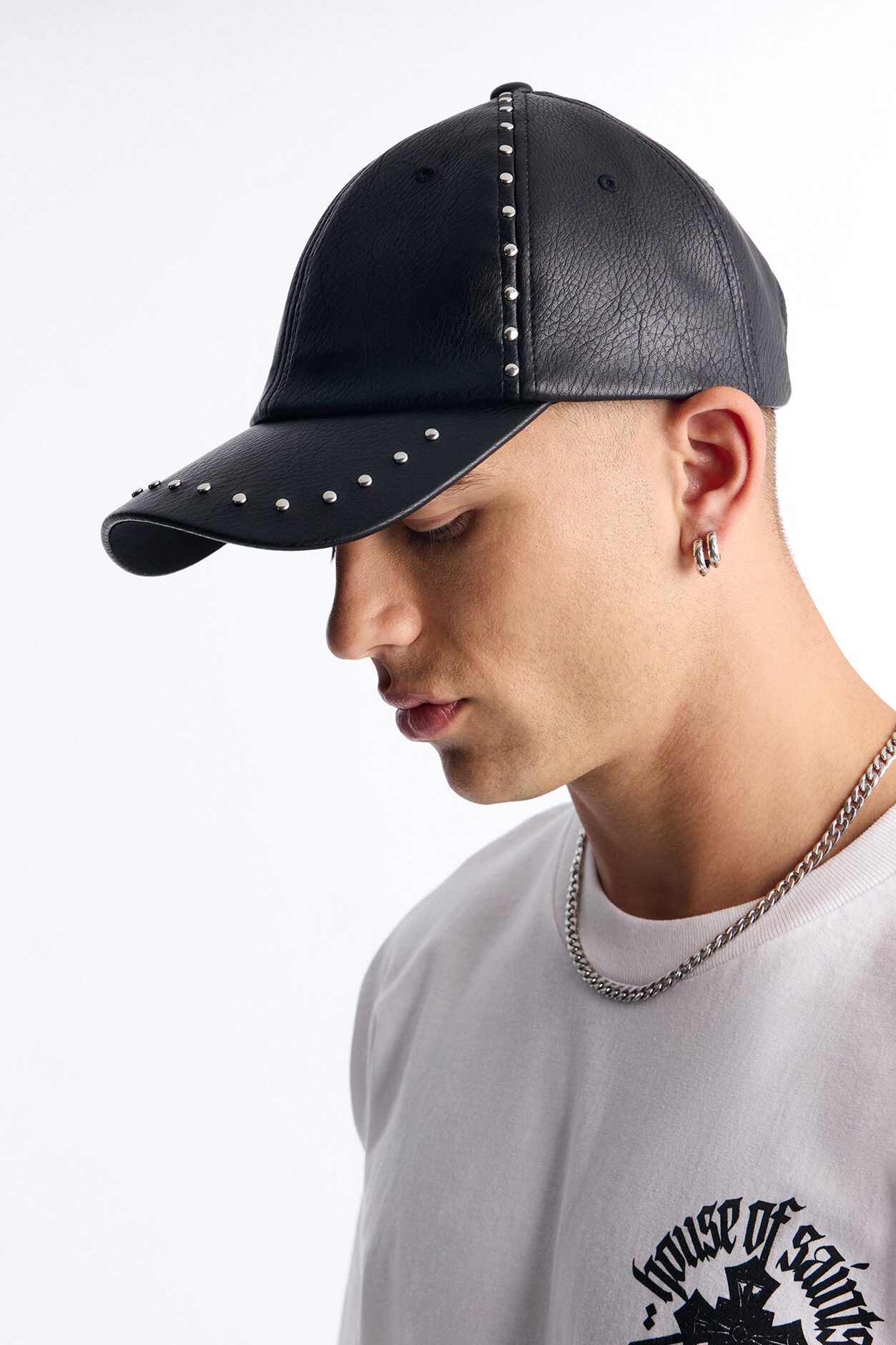 Faux Leather Studded Snapback Hat - Black