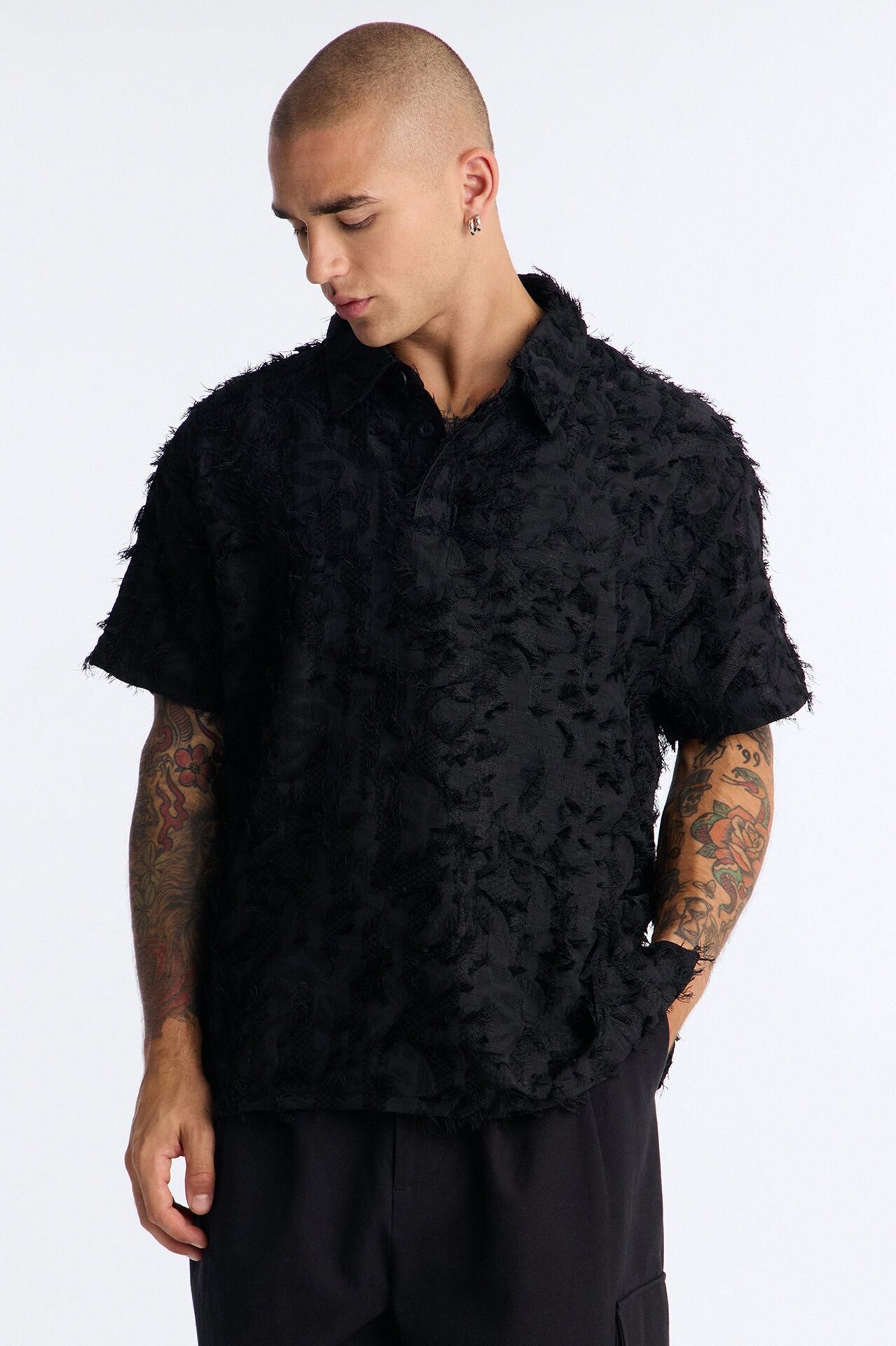 Oversized Kelpstone Textured Polo - Black