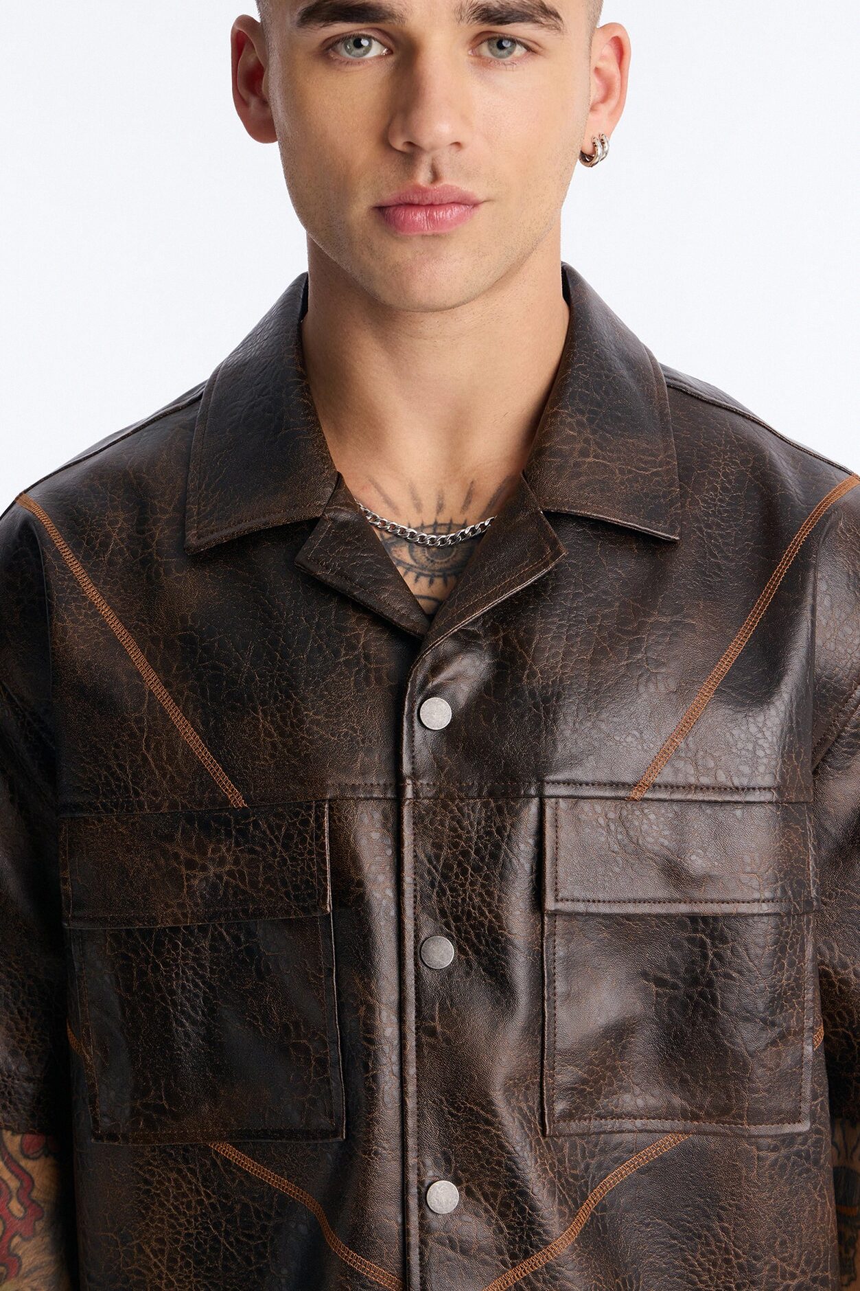Boxy Vintage Chainstitch Faux Leather Cuban Collar Button Up Shirt - Brown