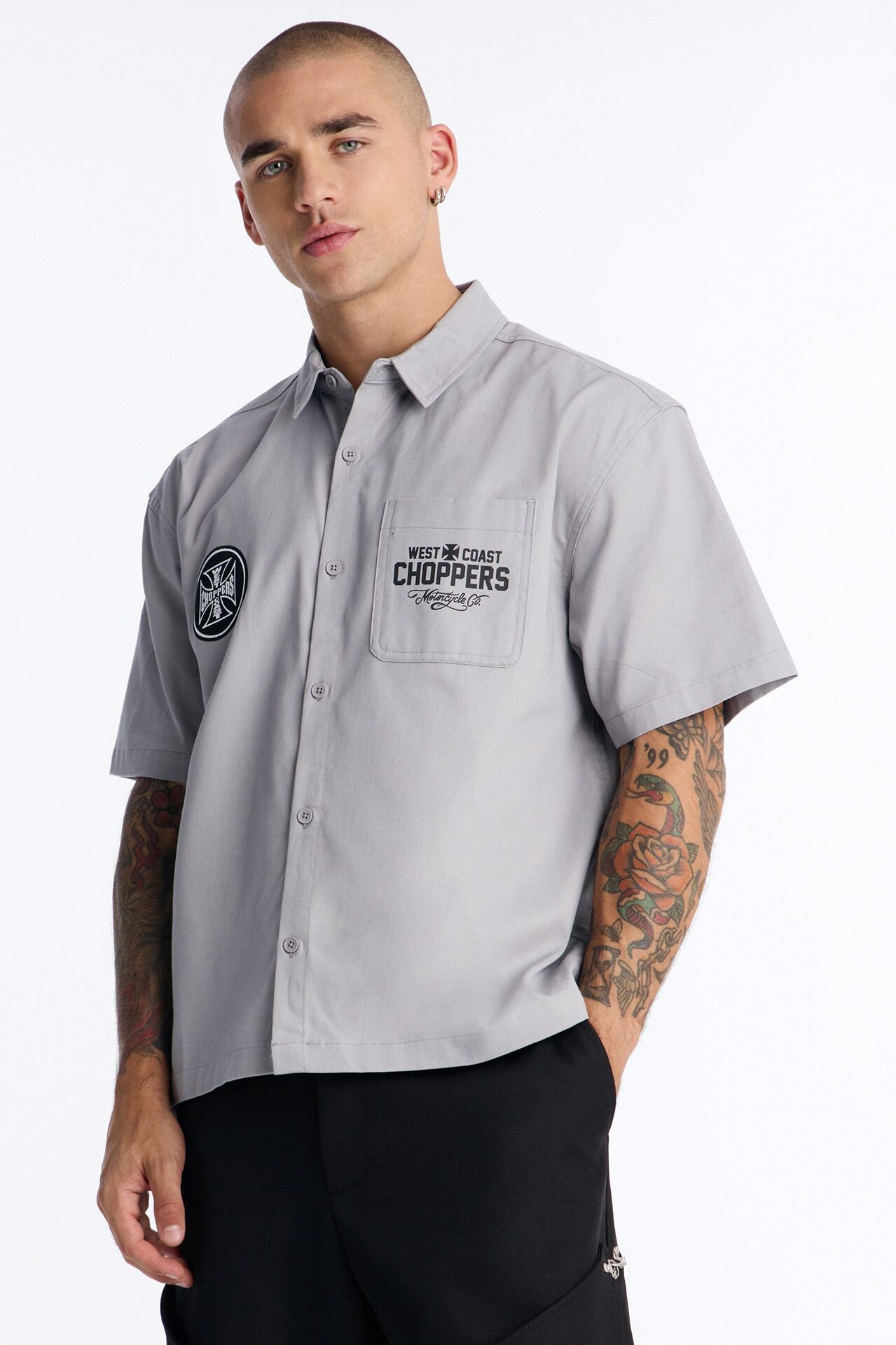 West Coast Choppers Patch Button Up Shirt - Light Grey
