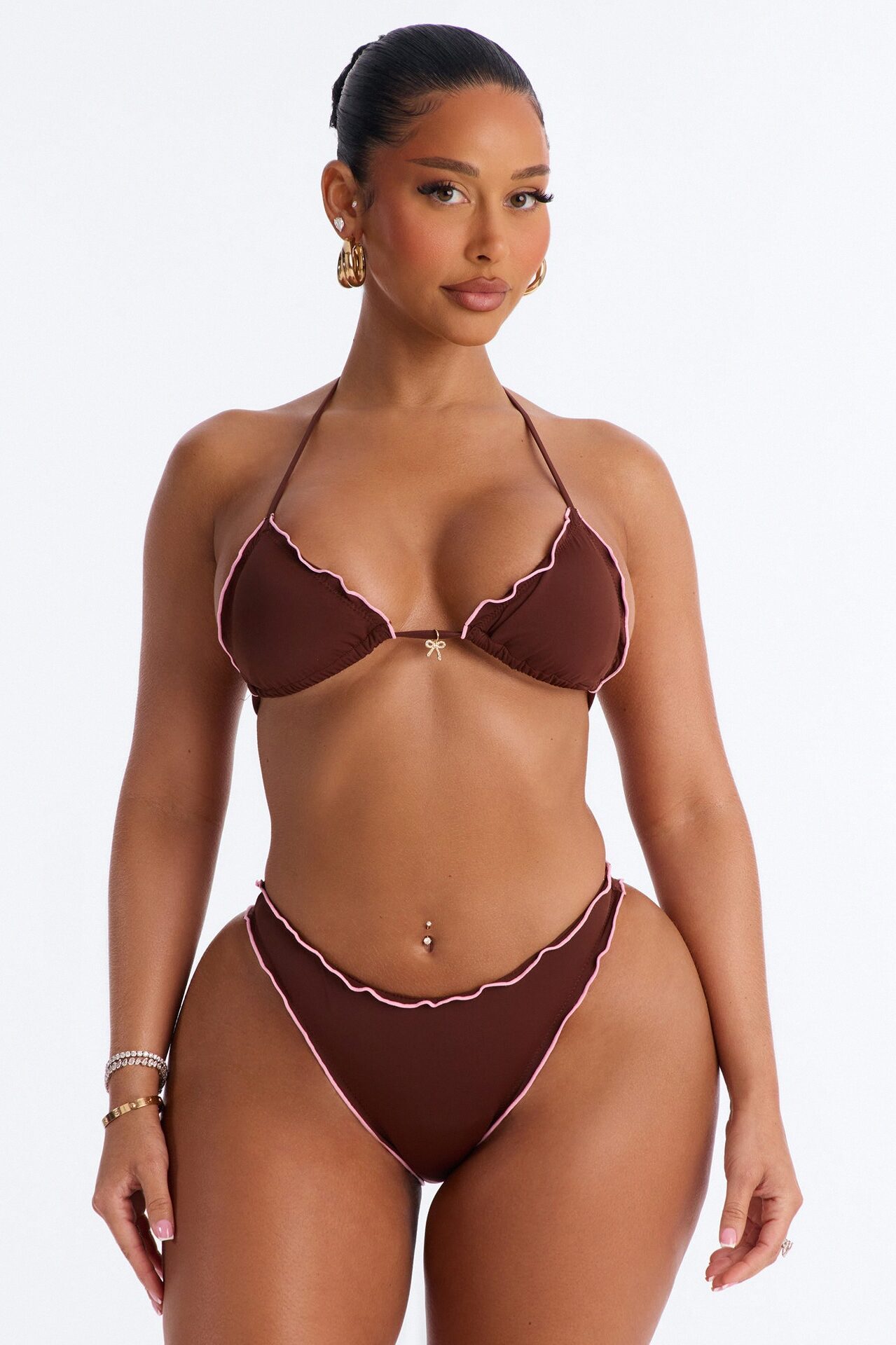 Summer Dream 2 Piece Lettuce Trim Triangle Bikini Set - Chocolate