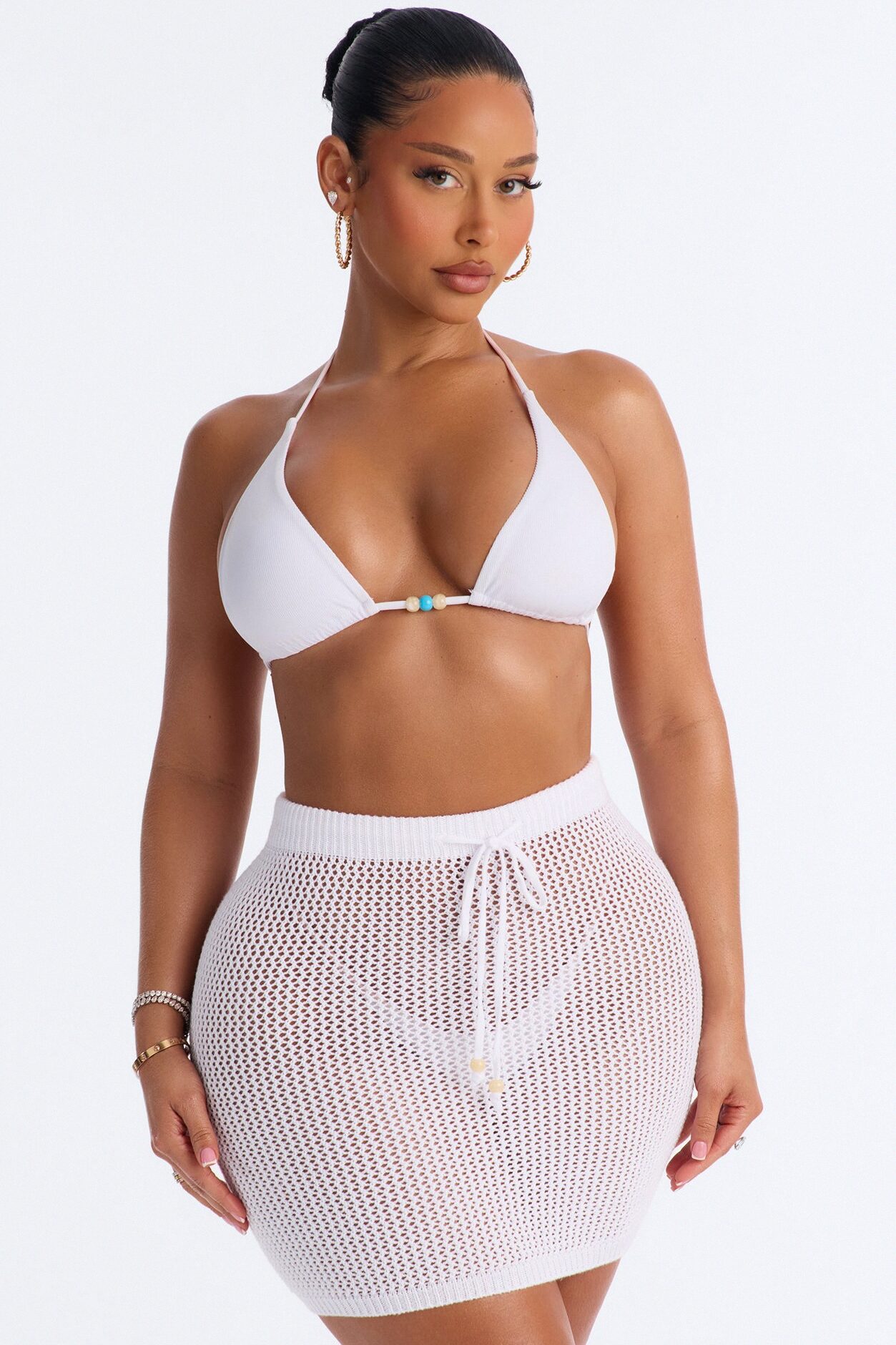 Acting Out 3 Piece Triangle Bikini & Cover Up Mini Skirt Sunsuit - White