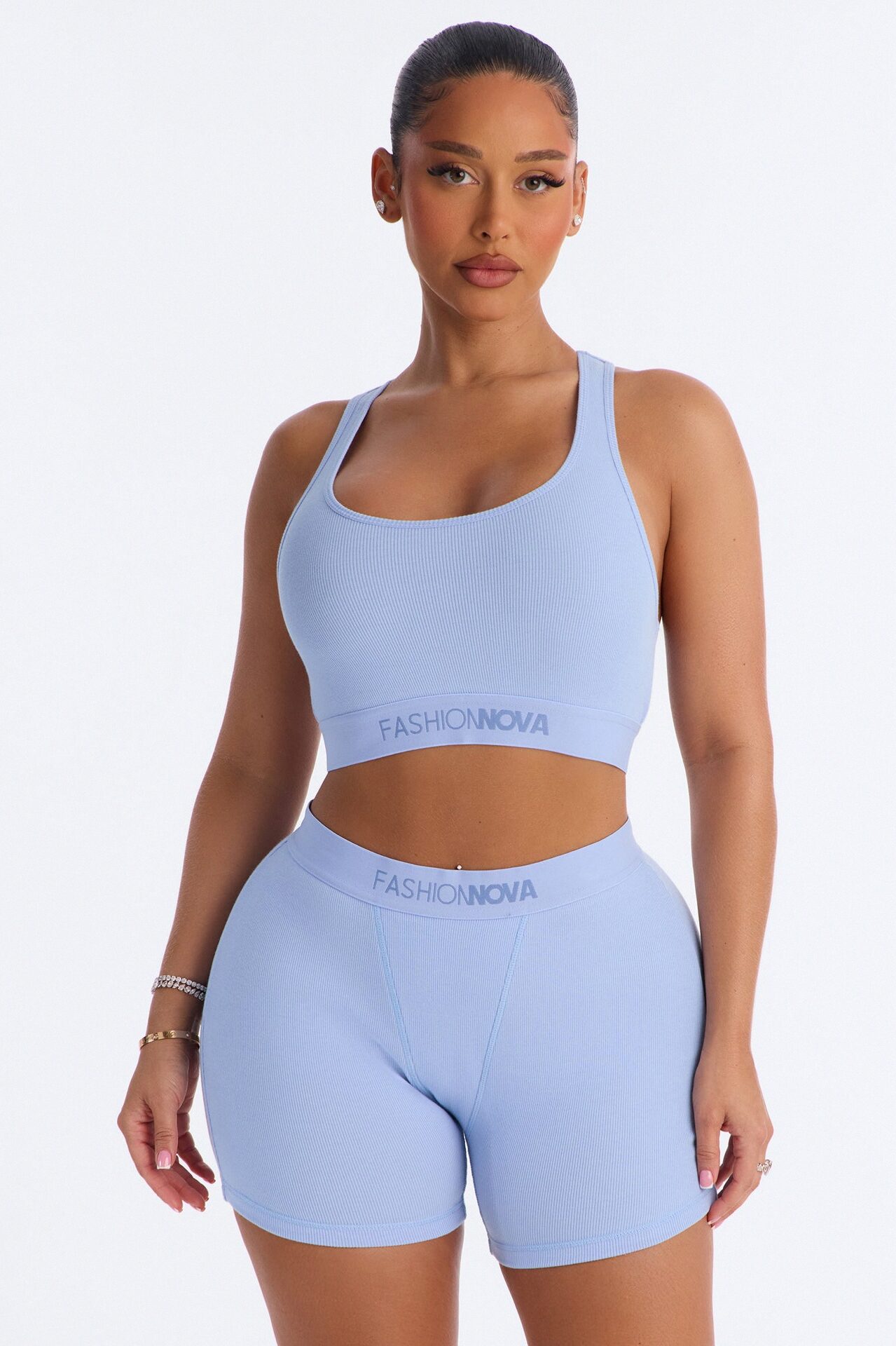 FN Mood Cotton Ribbed Racer Back Bra and Boxer Set - Blue