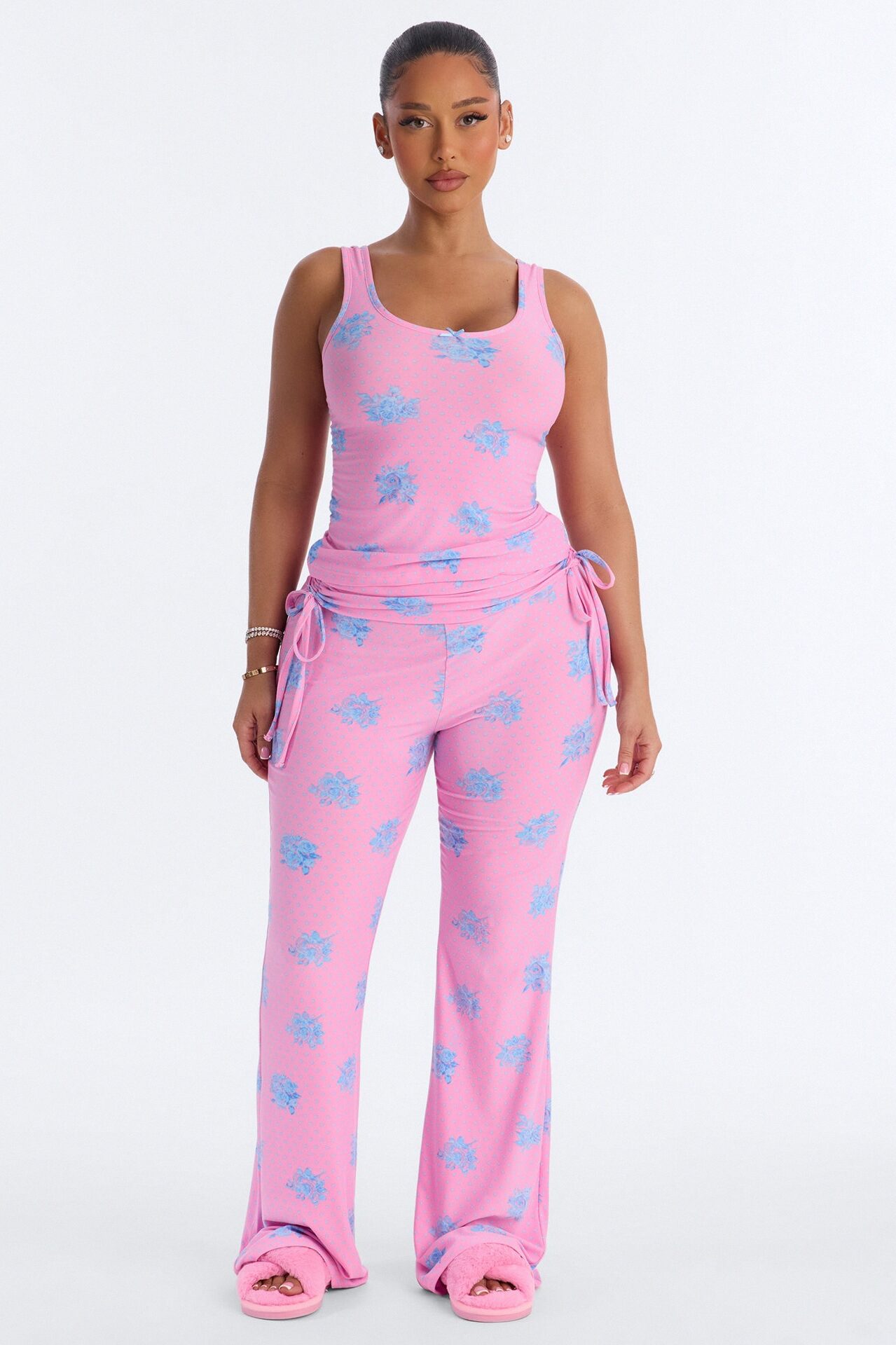 Petty Dreams Tank PJ Foldover Pant Set - Pink/combo