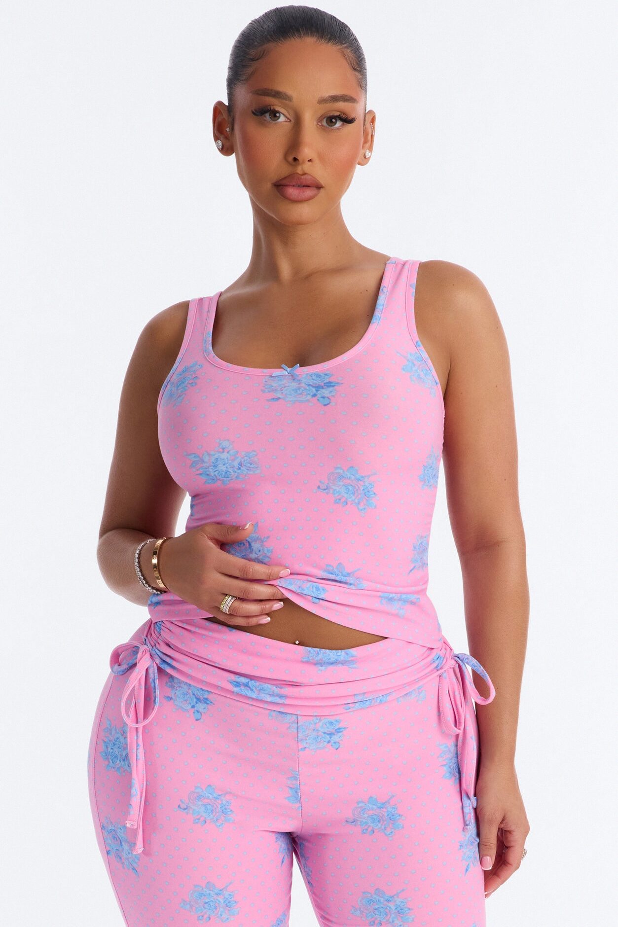 Petty Dreams Tank PJ Foldover Pant Set - Pink/combo