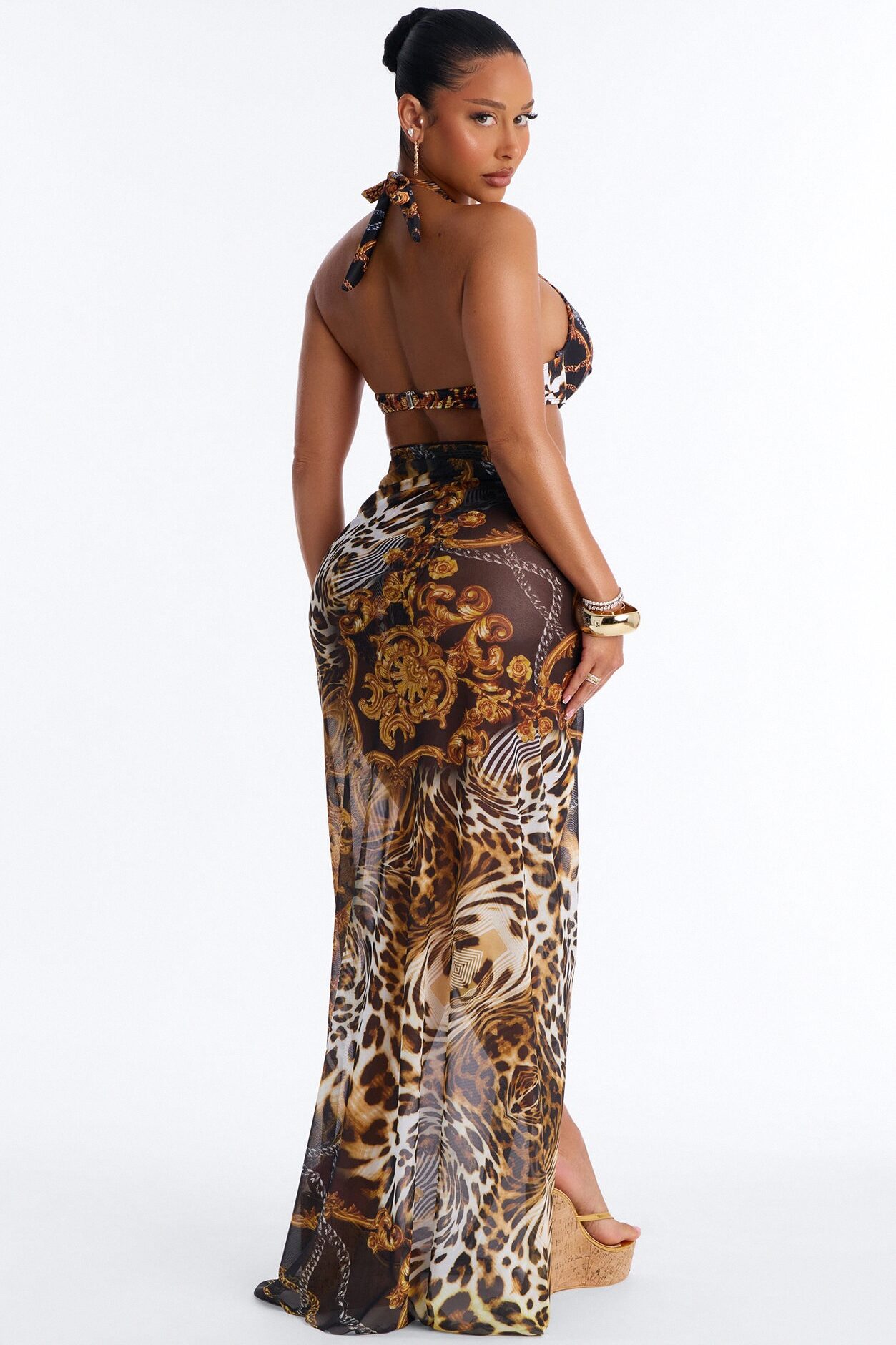 Carella Baroque Animal Print 3 Piece Bikini & Sarong Sunsuit - Brown/combo