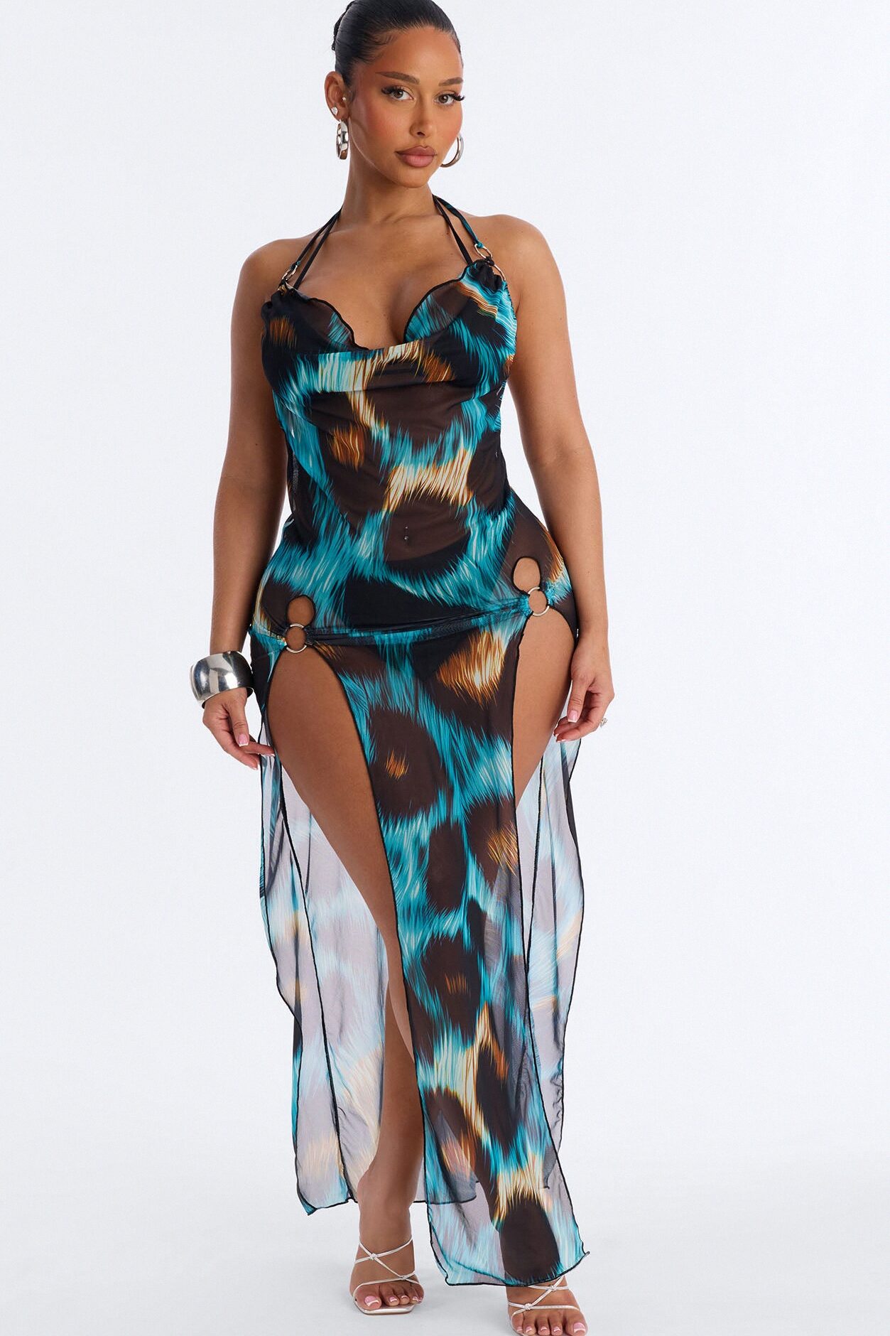Resort Ready Always Leopard Cover Up Halter Maxi Slit Dress - Turquoise/combo