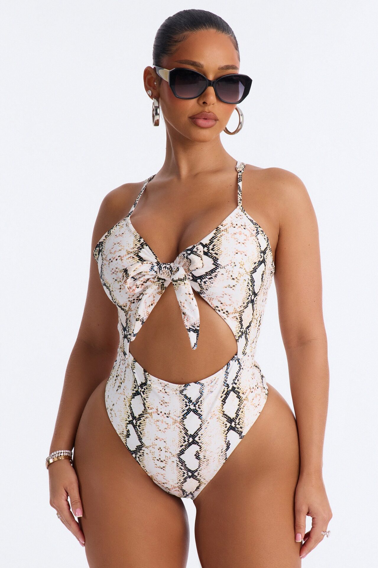 Back At It Snake Print 1 Piece Tie Front Swimsuit - White/combo
