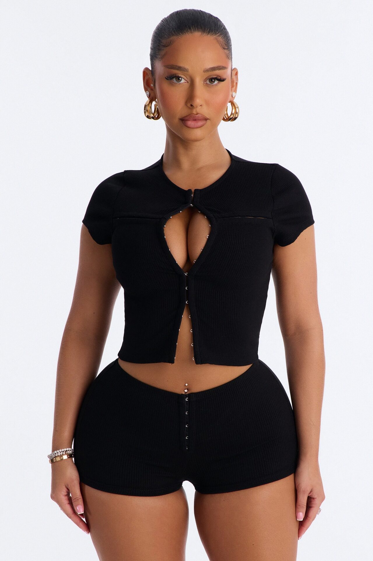 Kami Snatched Short Sleeve 2 Piece Micro Mini Short Set - Black