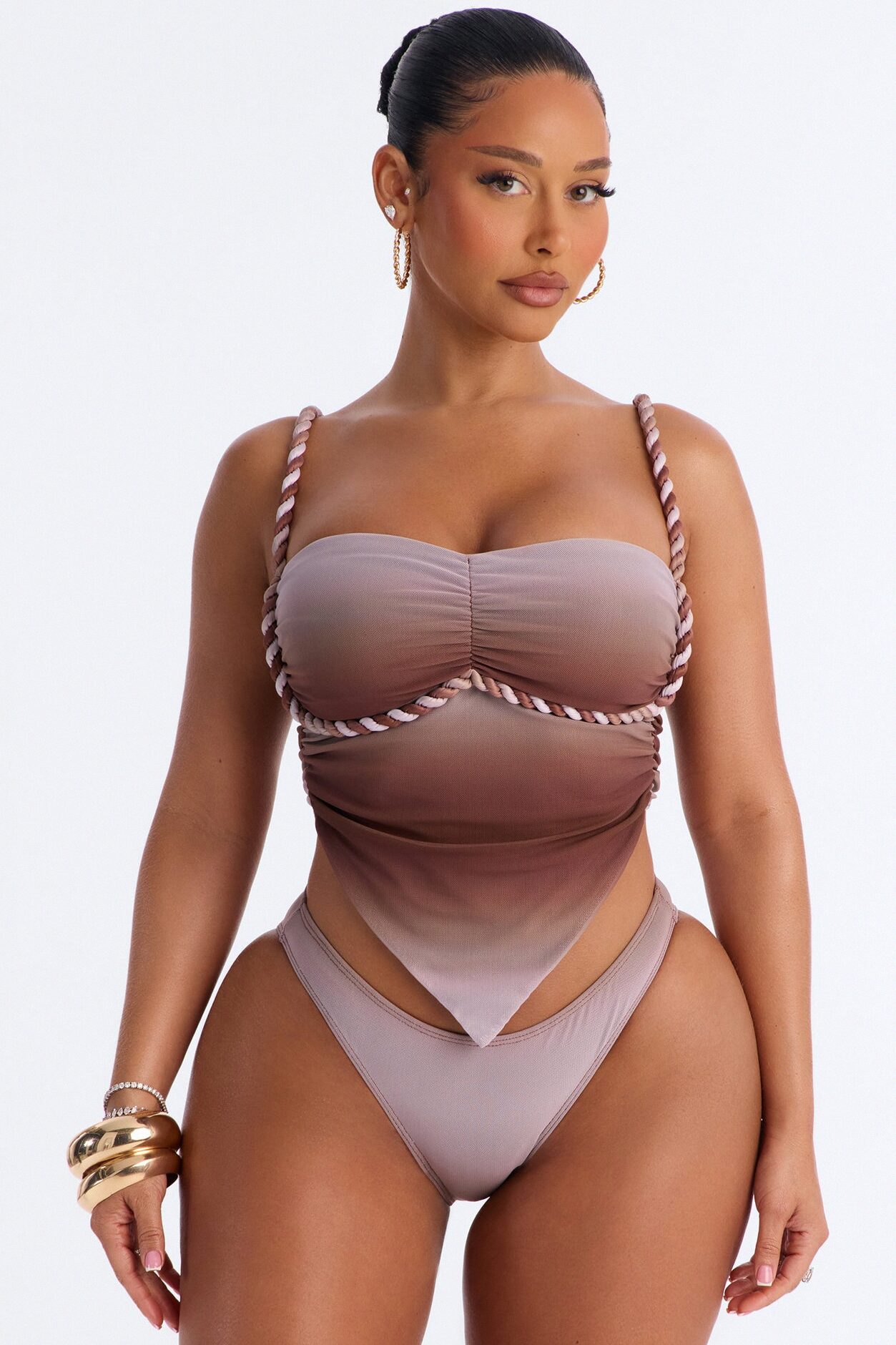Ileen 3 Piece Mesh Rope Bandeau Bikini & Cover Up Maxi Skirt Sunsuit - Brown/combo