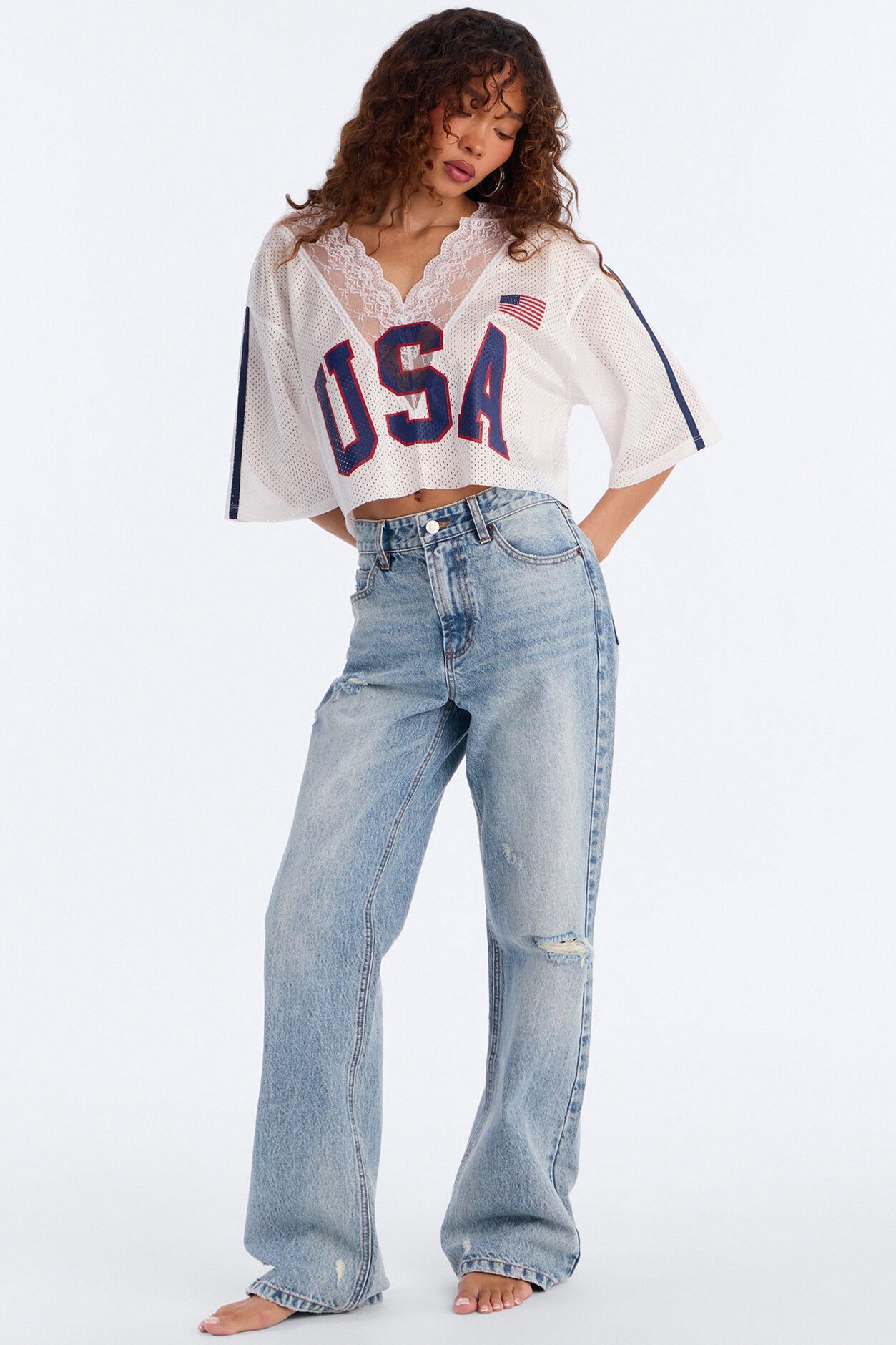 USA Lace Cropped Jersey - White