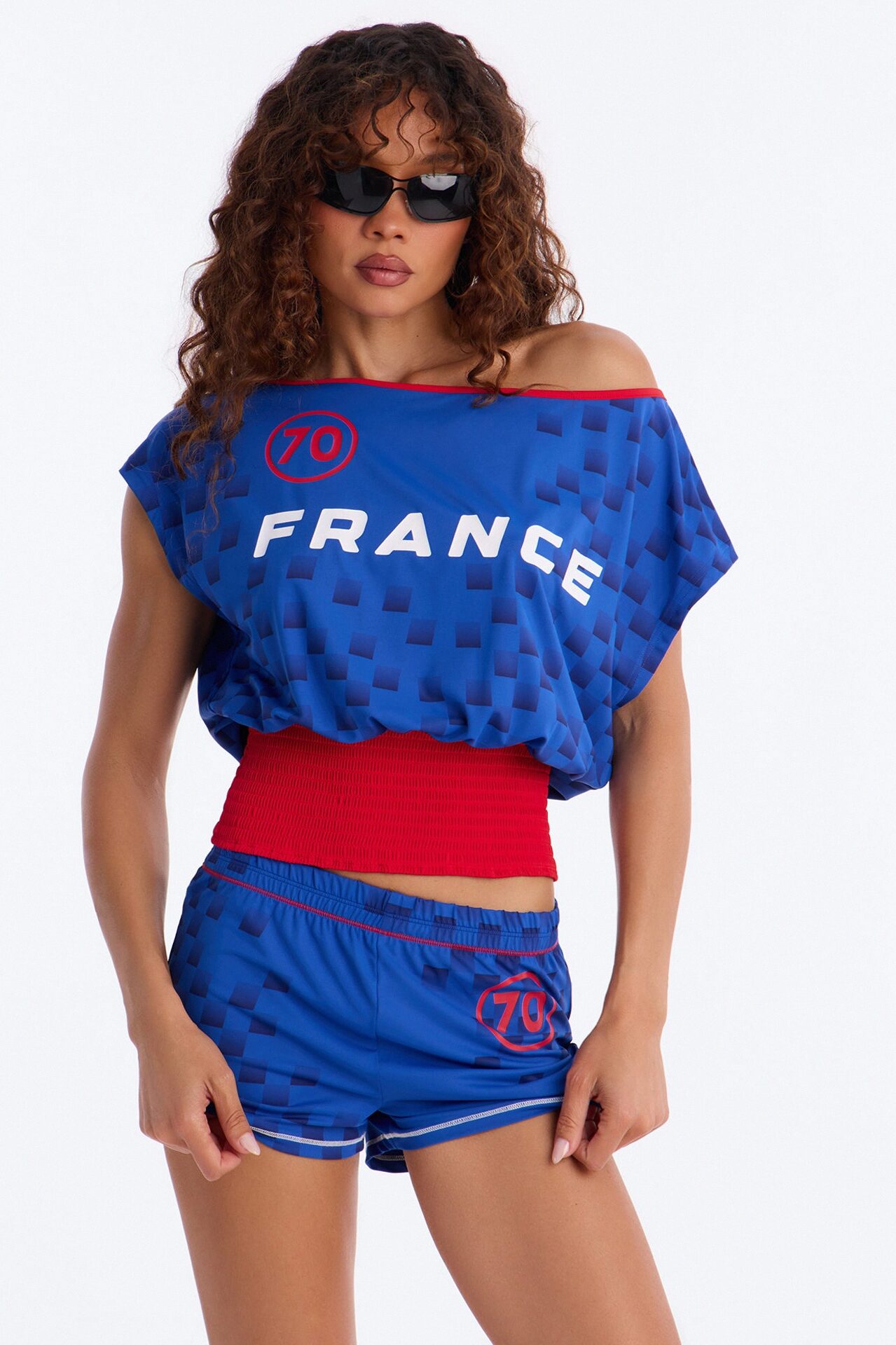 France 70' Off Shoulder Smocked Short Set - Blue/combo