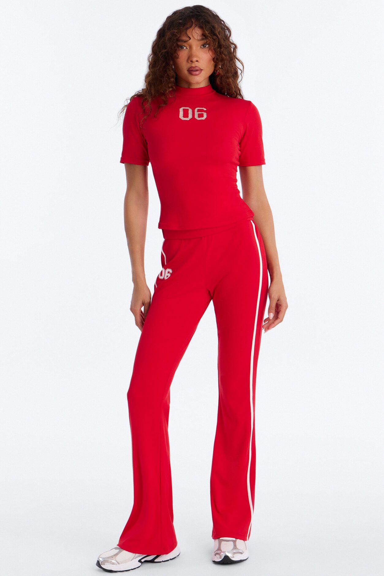 Sporty Vibe Ribbed Pant Set - Red