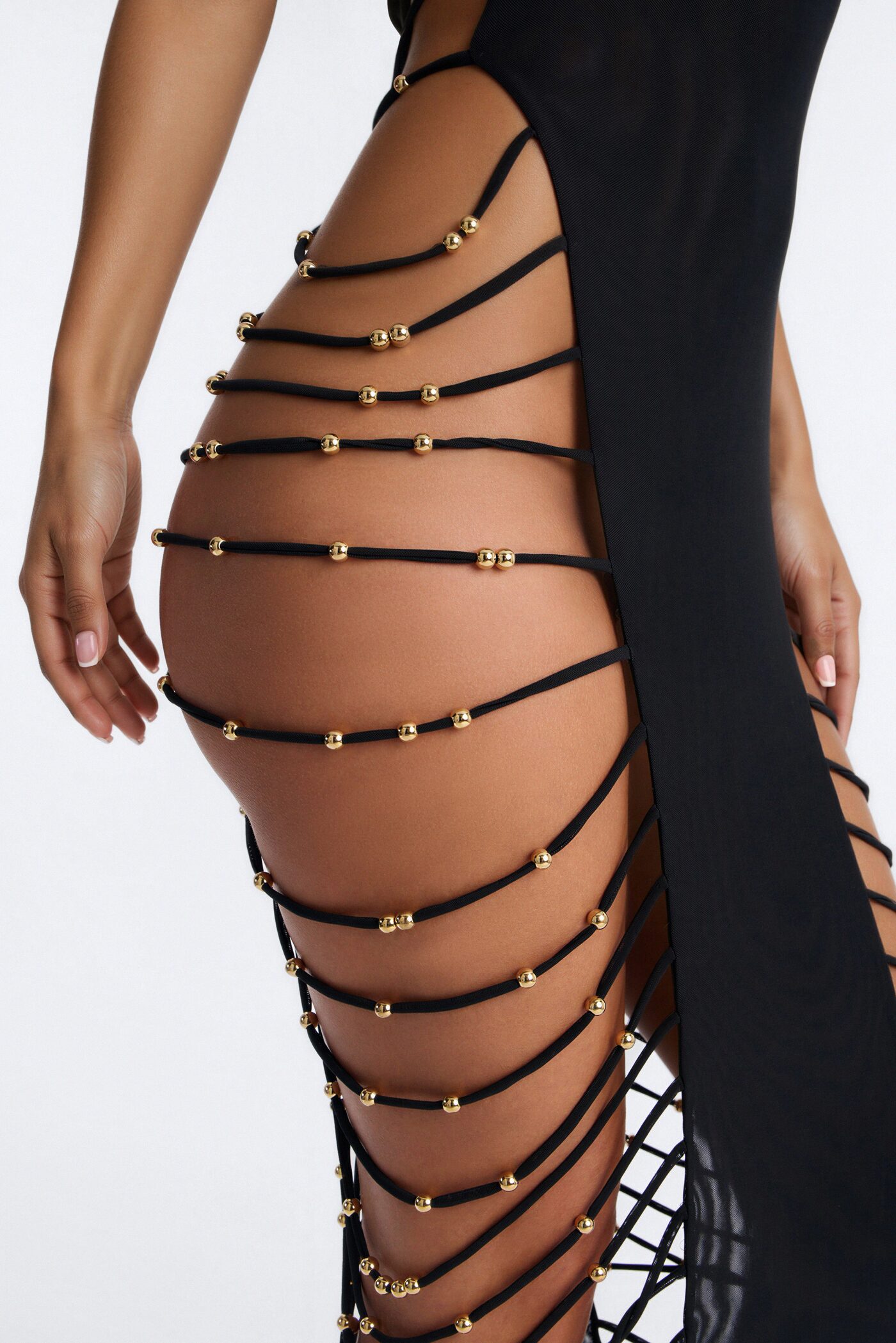 Marielos Strappy Beaded High Slits Mesh Cover Up Dress - Black