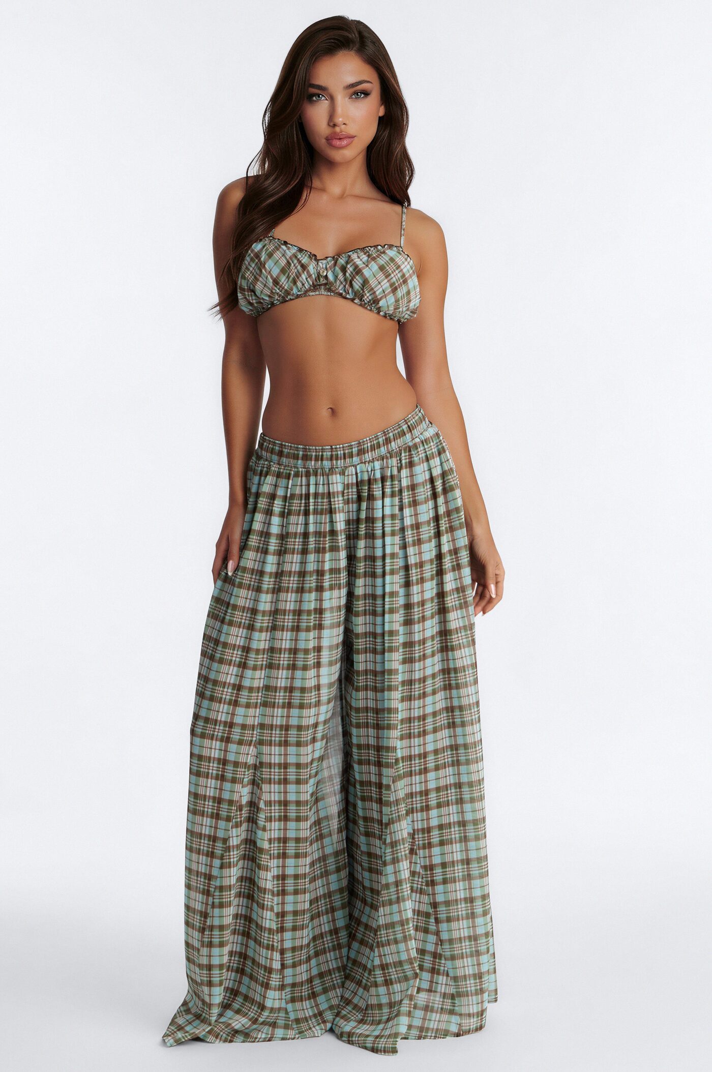 Lily Chiffon Gingham Bra Top And Pant Set - Green/combo