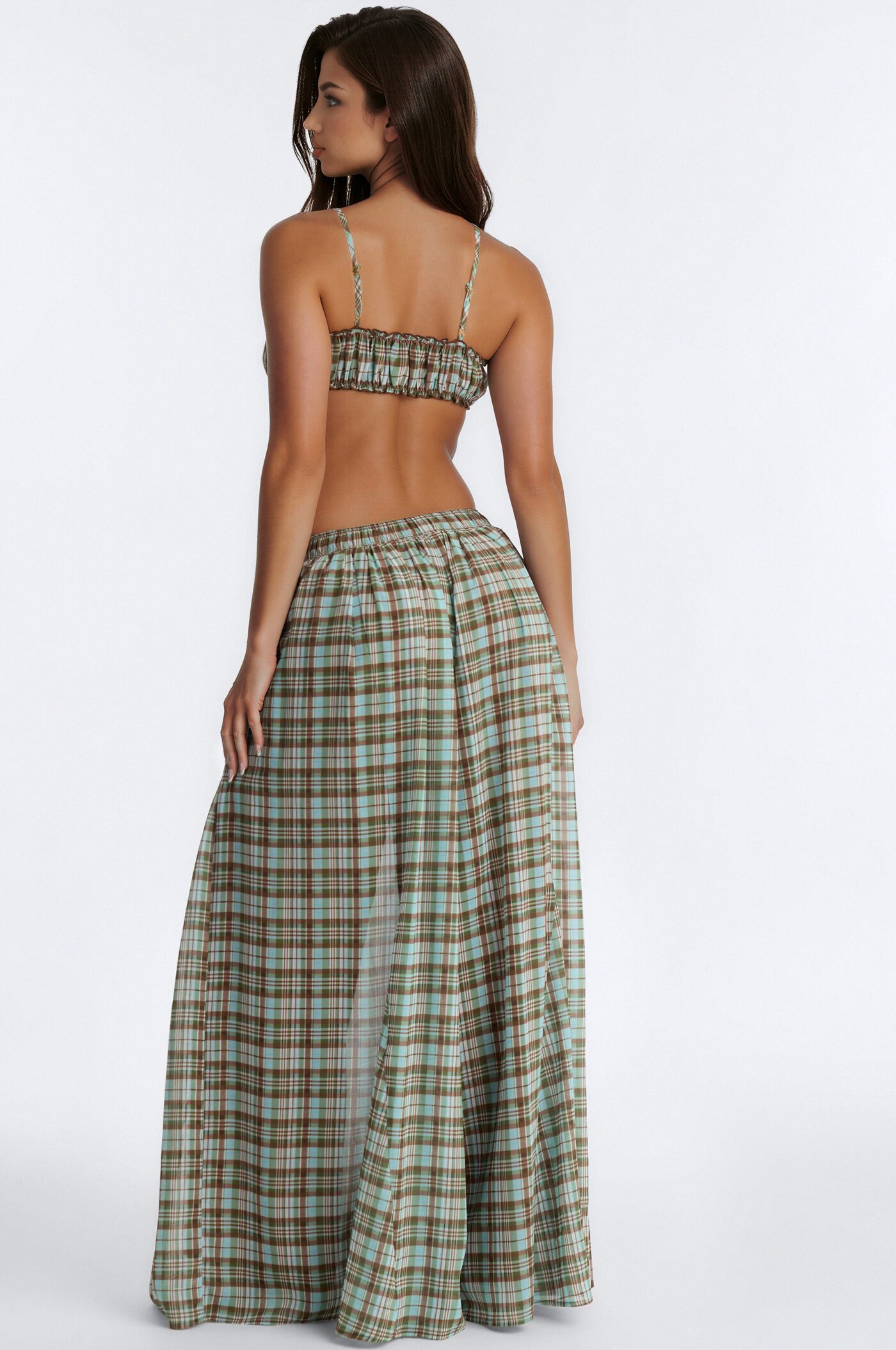 Lily Chiffon Gingham Bra Top And Pant Set - Green/combo