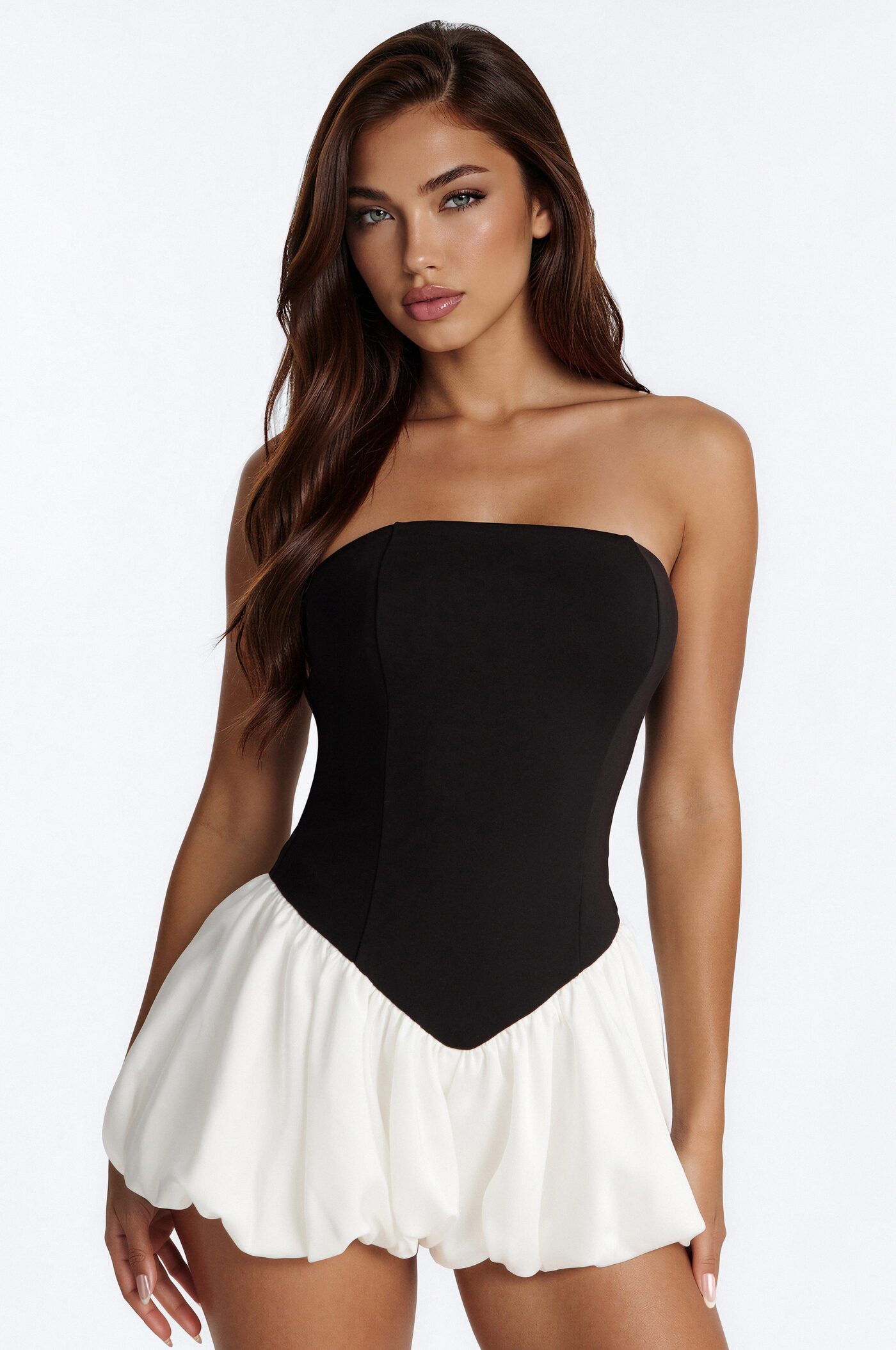 Ballet Babydoll Strapless Bubble Romper - Black/White
