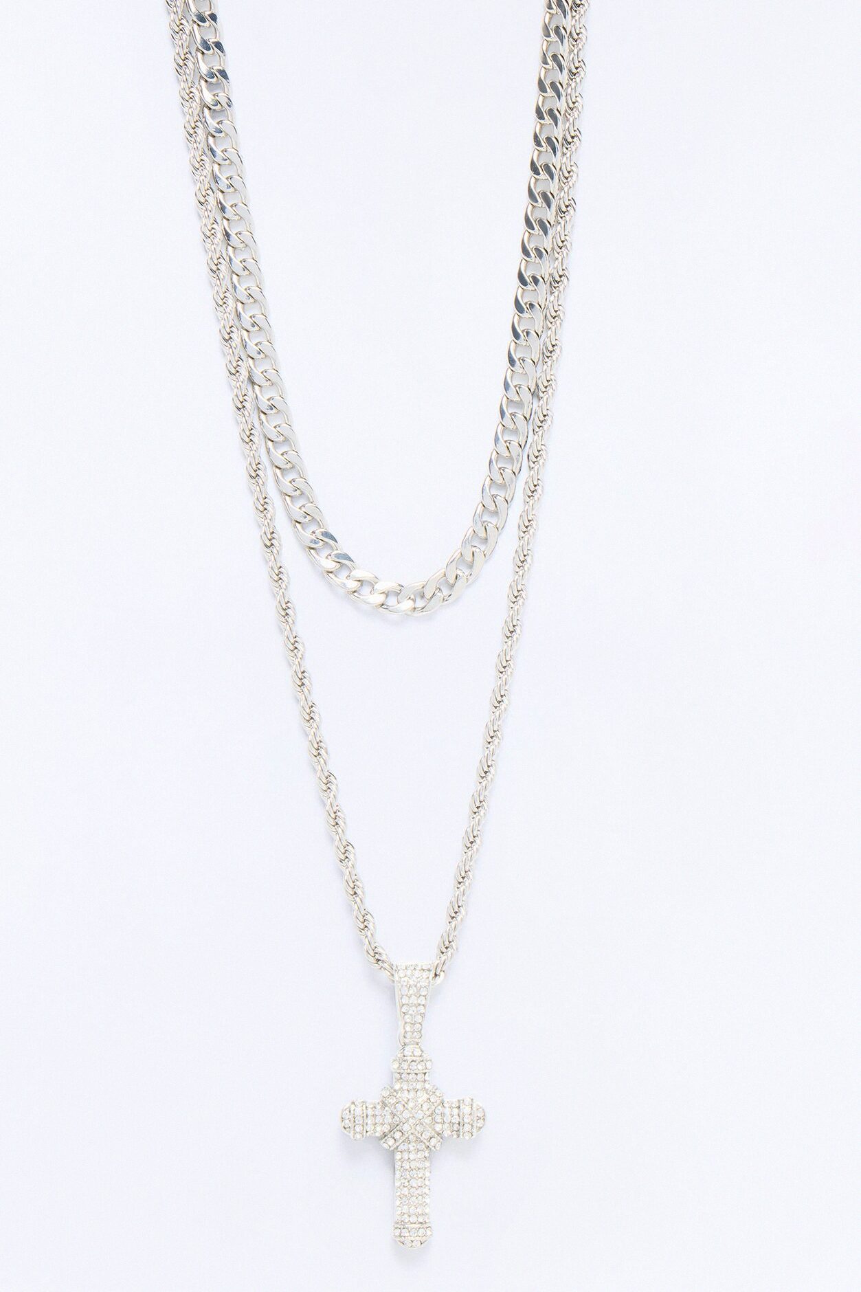 Heavy On Faith Iced Cross Necklace Set - Silver