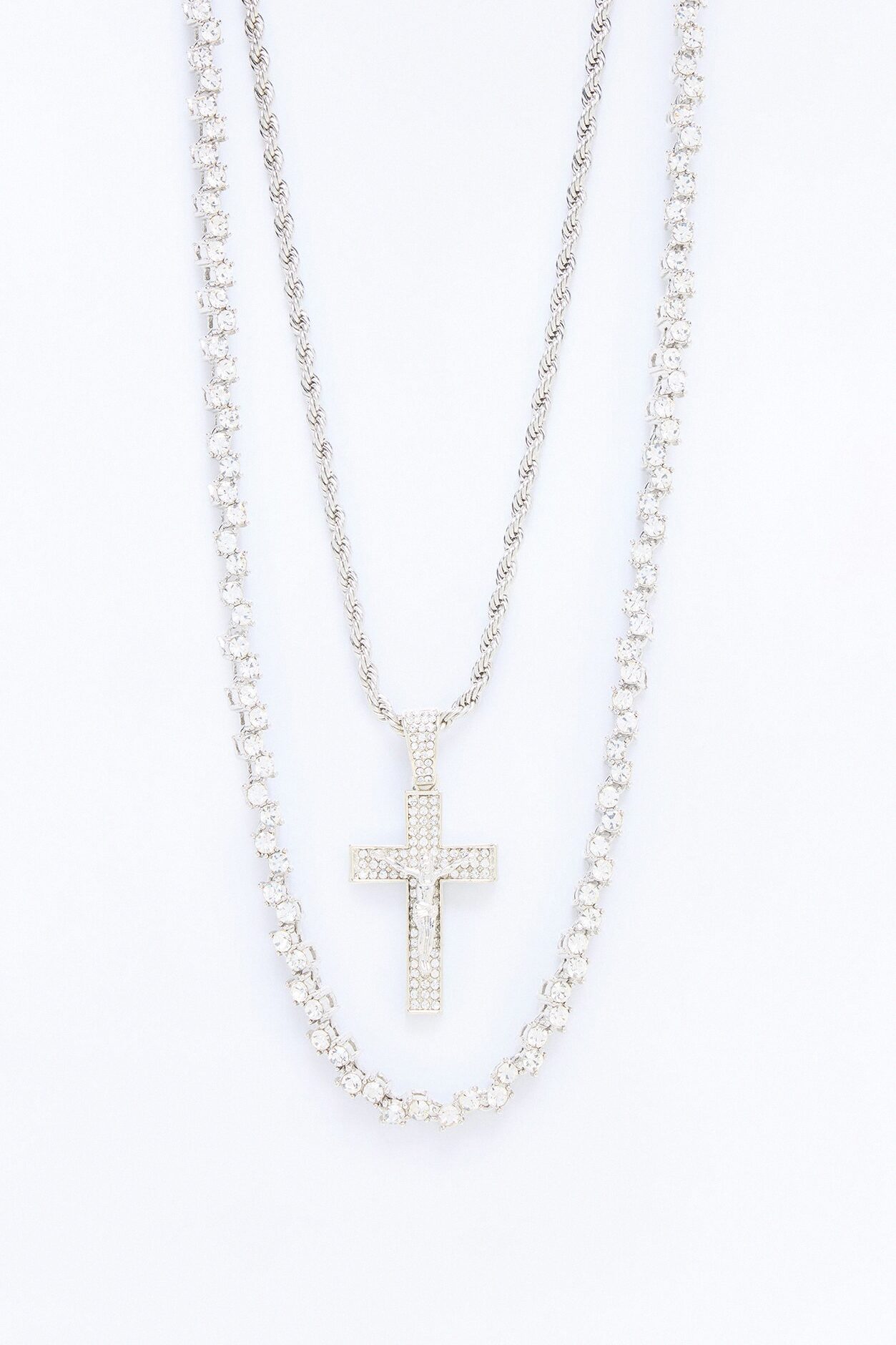 Revered Faith Iced Tennis Chain Cross Necklace Set - Silver