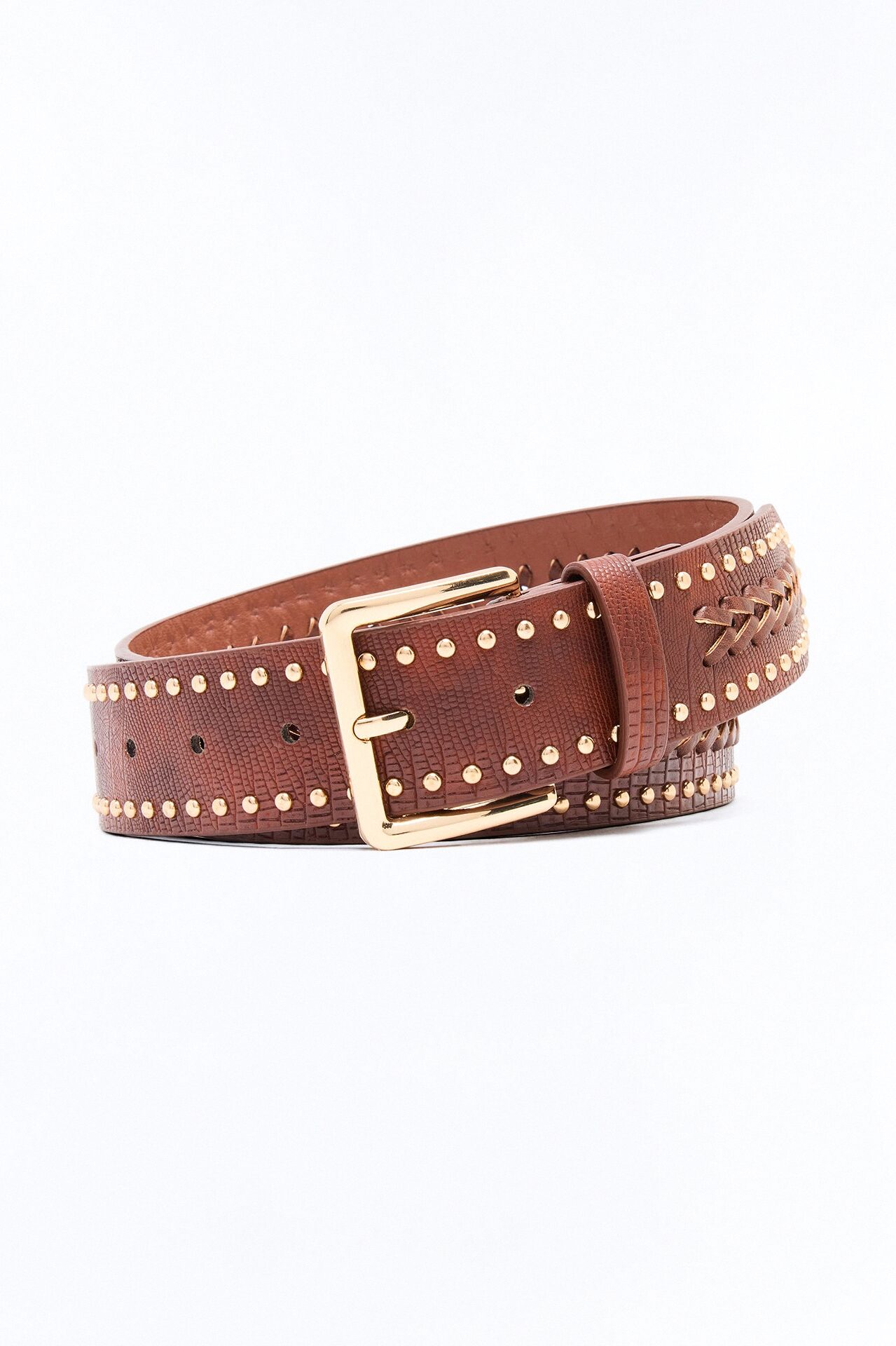 Studded Faux Leather Western Belt - Brown