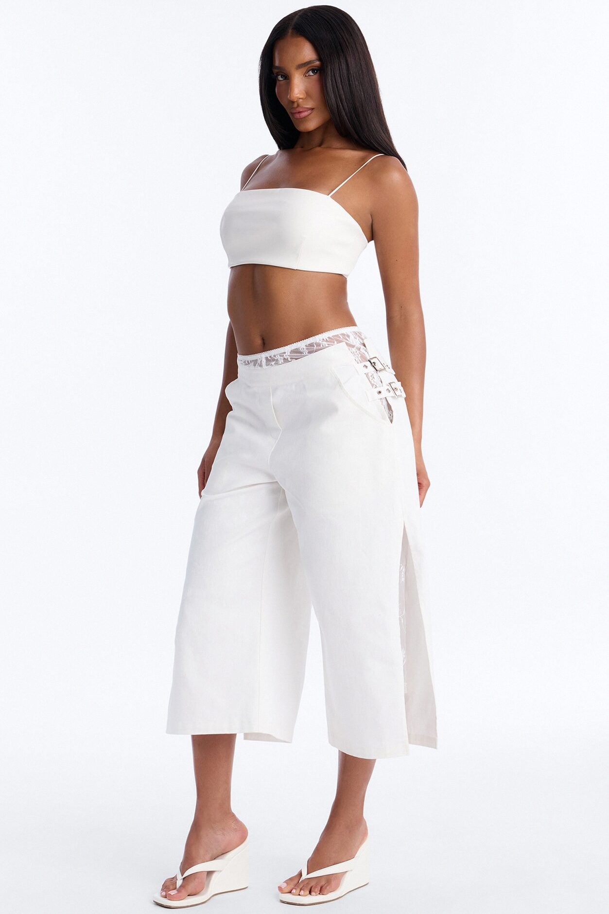 Brittany Cropped Lace Trim Belted Side Pant - White