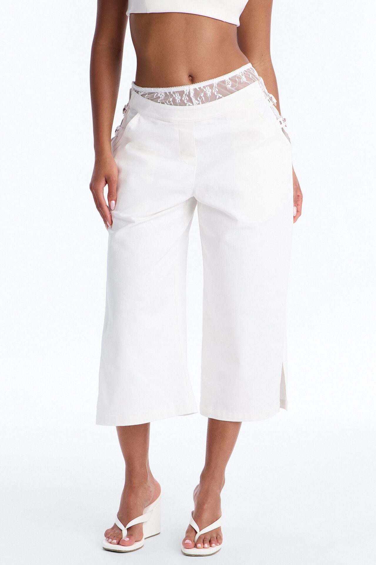 Brittany Cropped Lace Trim Belted Side Pant - White