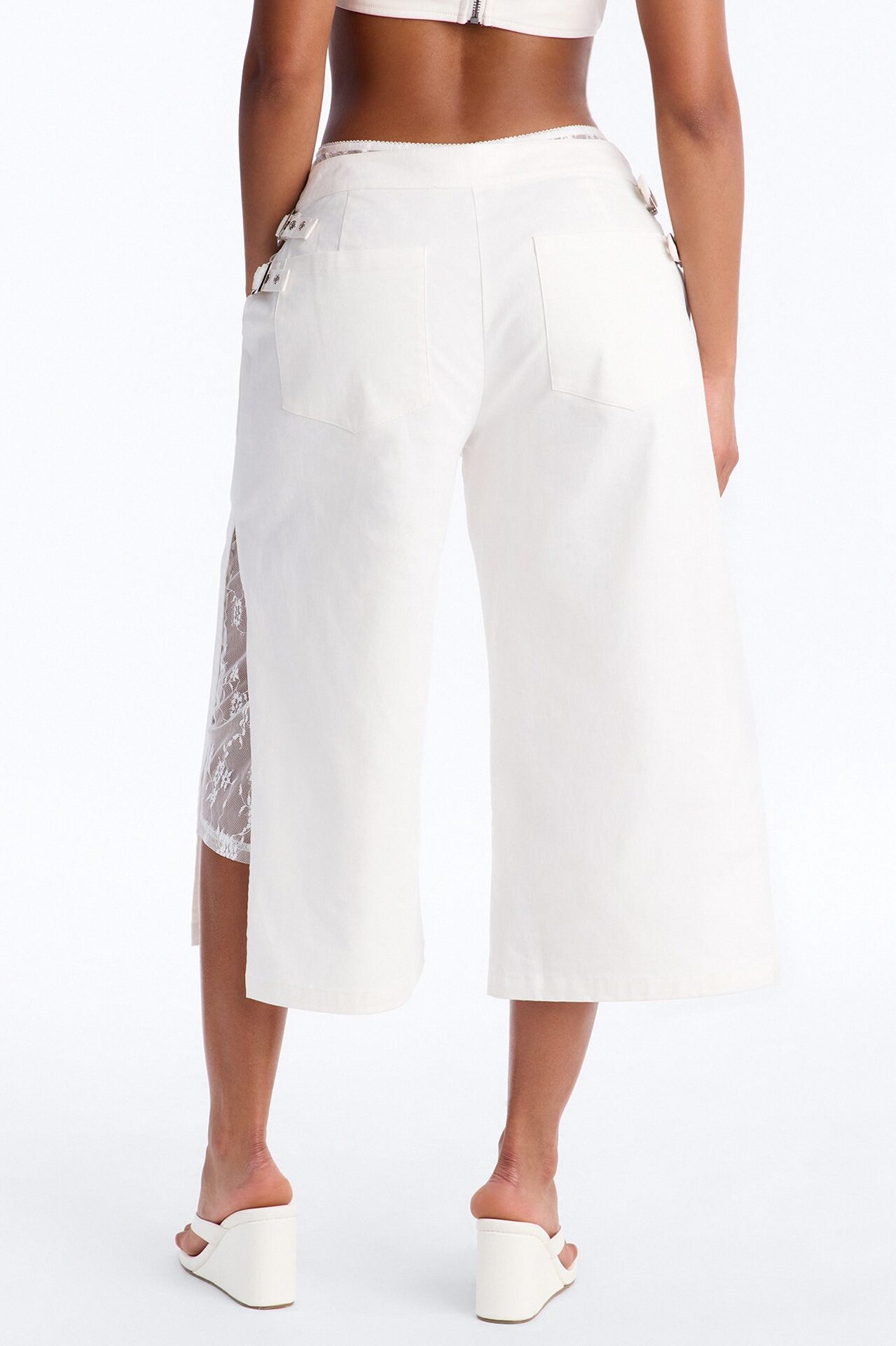 Brittany Cropped Lace Trim Belted Side Pant - White