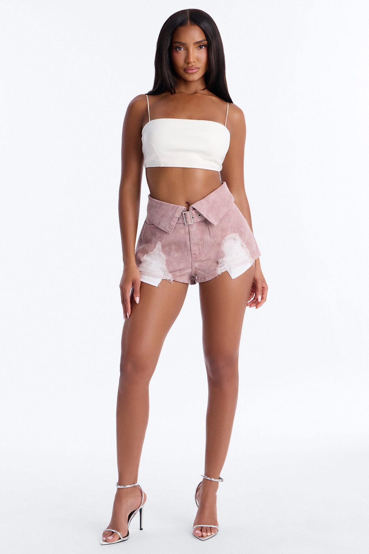 Ashton Belted Washed Twill Distressed Micro Short - Pink