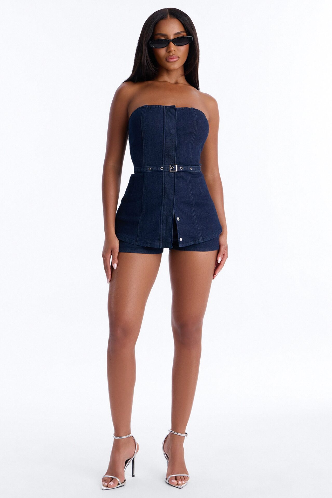 Loren Belted Denim Short Set - Dark Wash