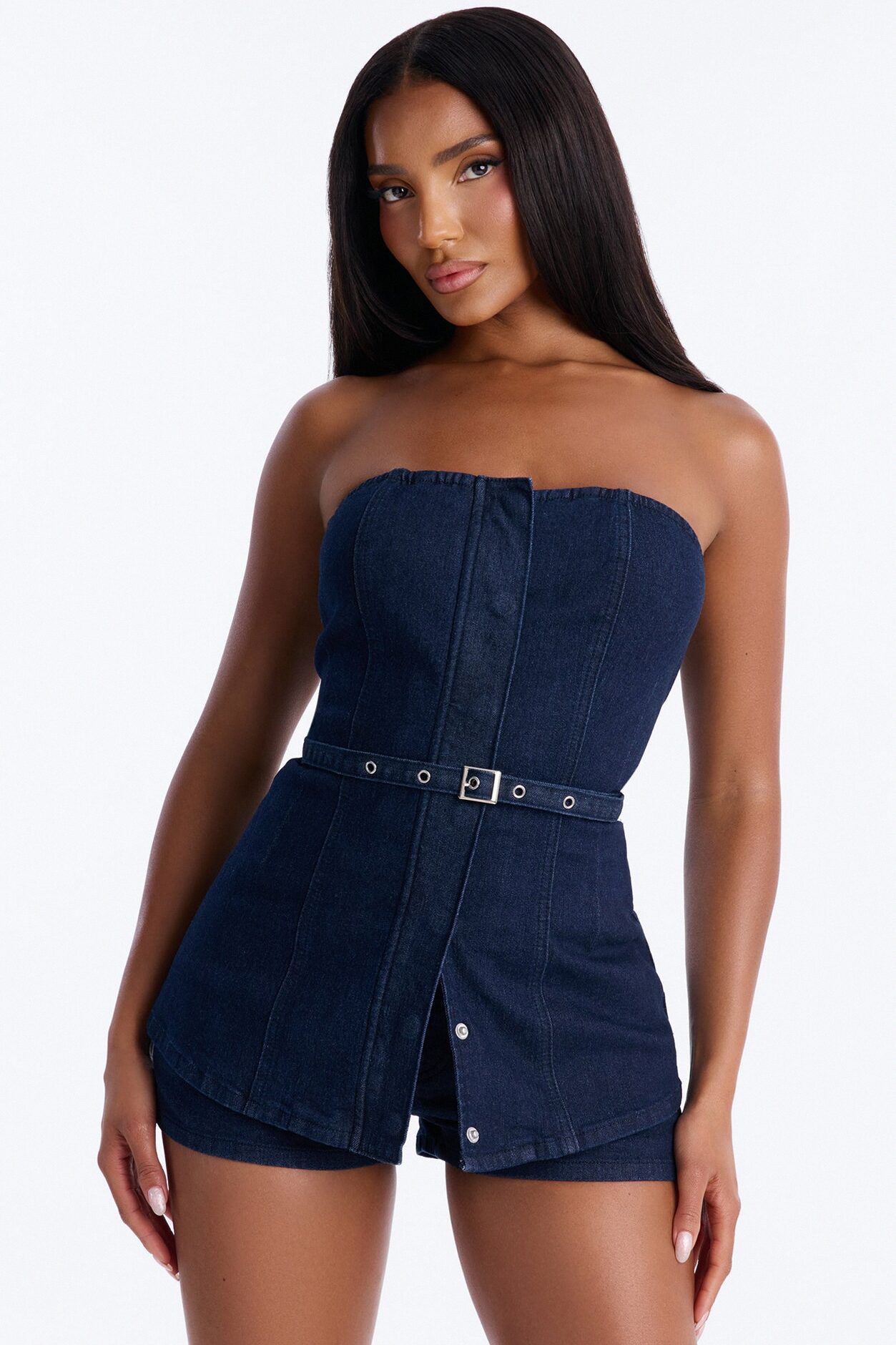 Loren Belted Denim Short Set - Dark Wash