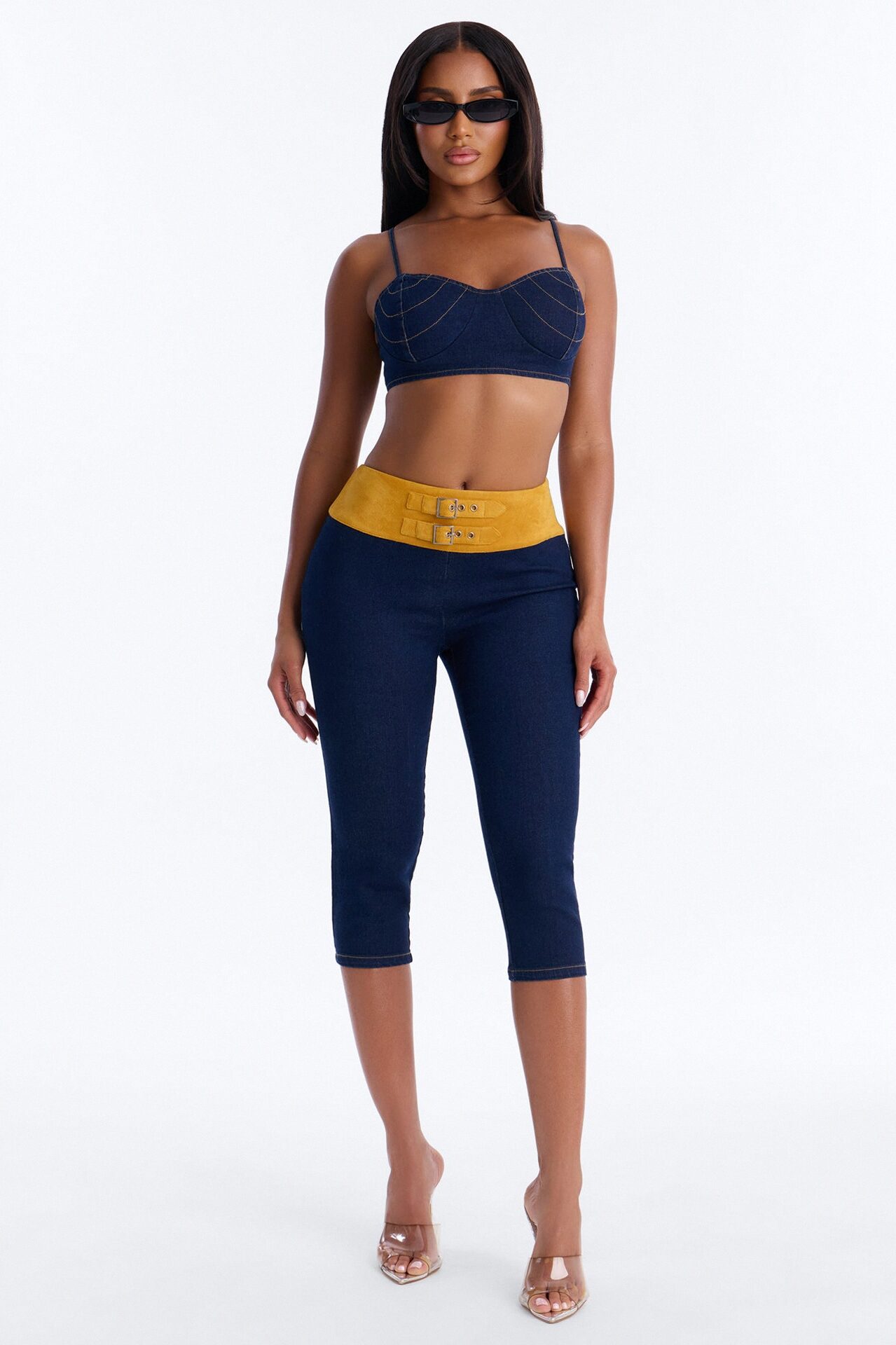 Raye Denim Crop Top and Capri Set - Dark Wash