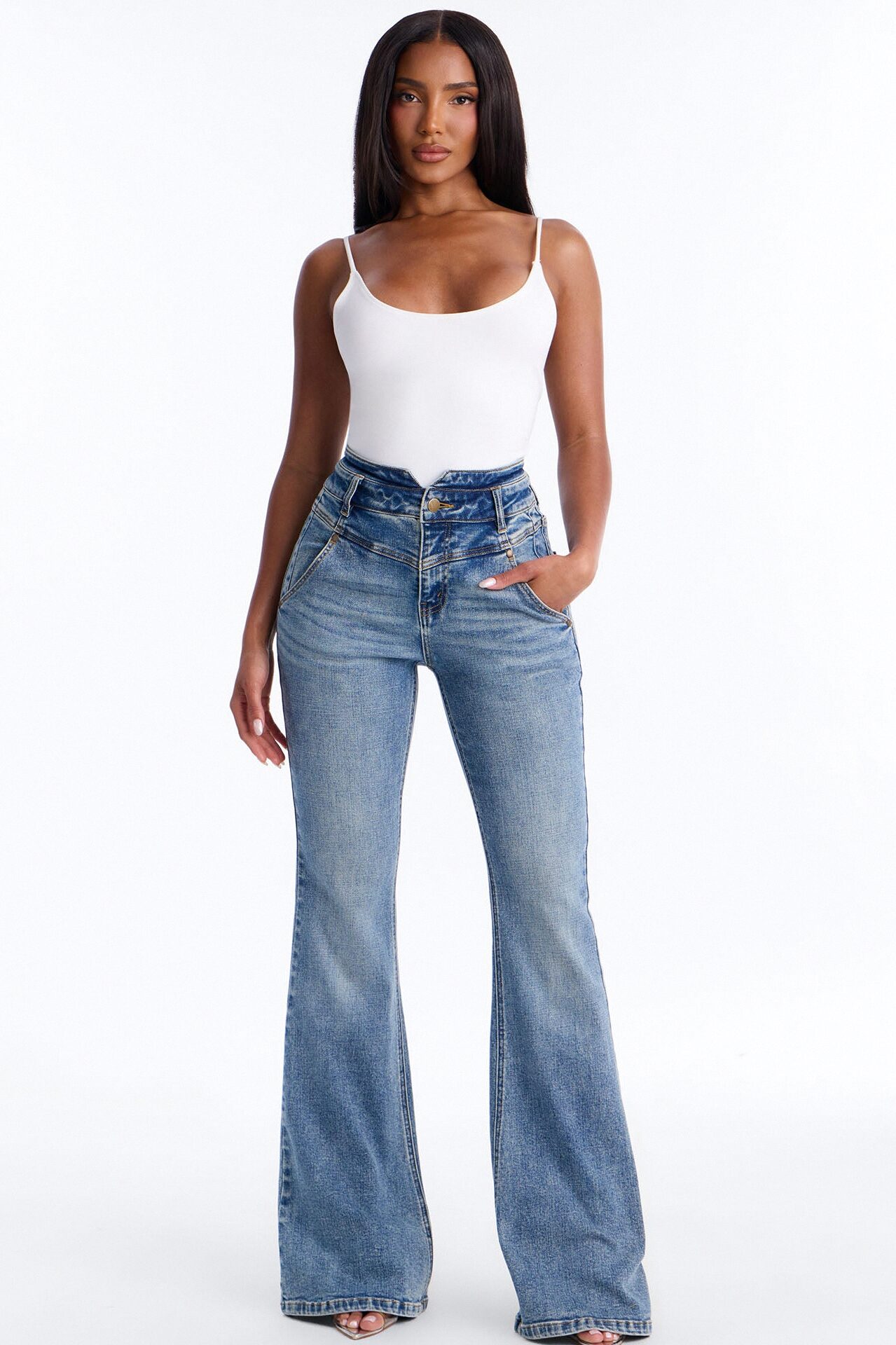 Split Second High Rise Stretch Flare Leg Jeans - Medium Wash