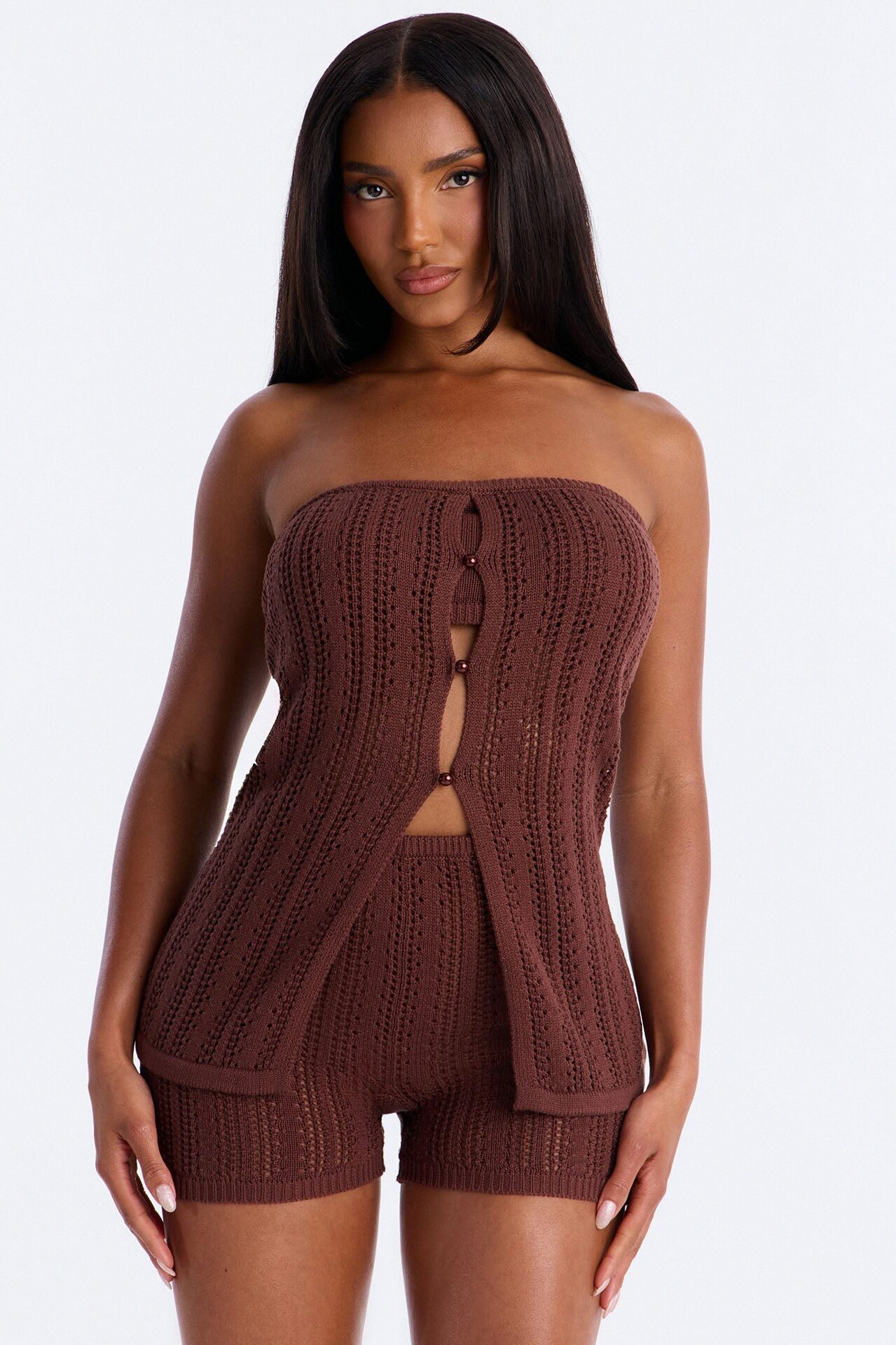 Let's Take A Trip Crochet Strapless Romper - Chocolate