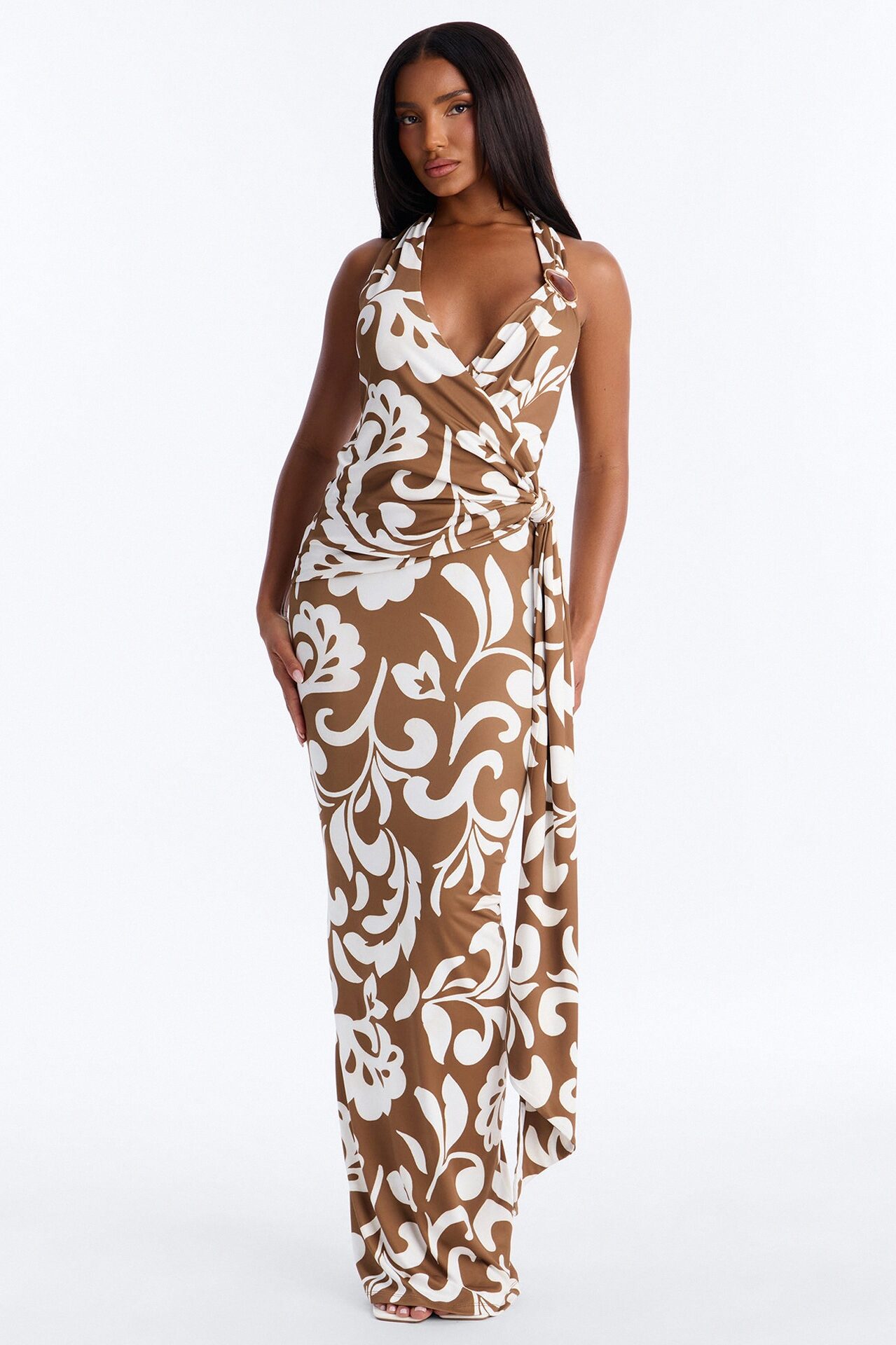 Athena Halter Maxi Dress - Brown/combo
