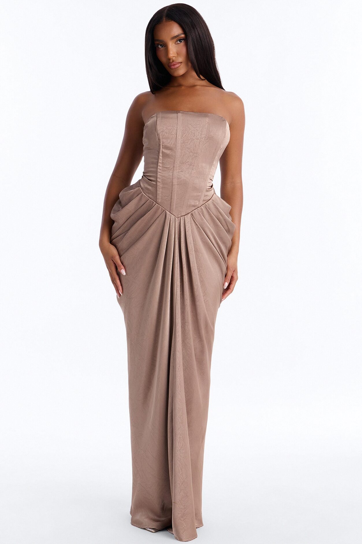 Maeve Draped Satin Gown - Mocha