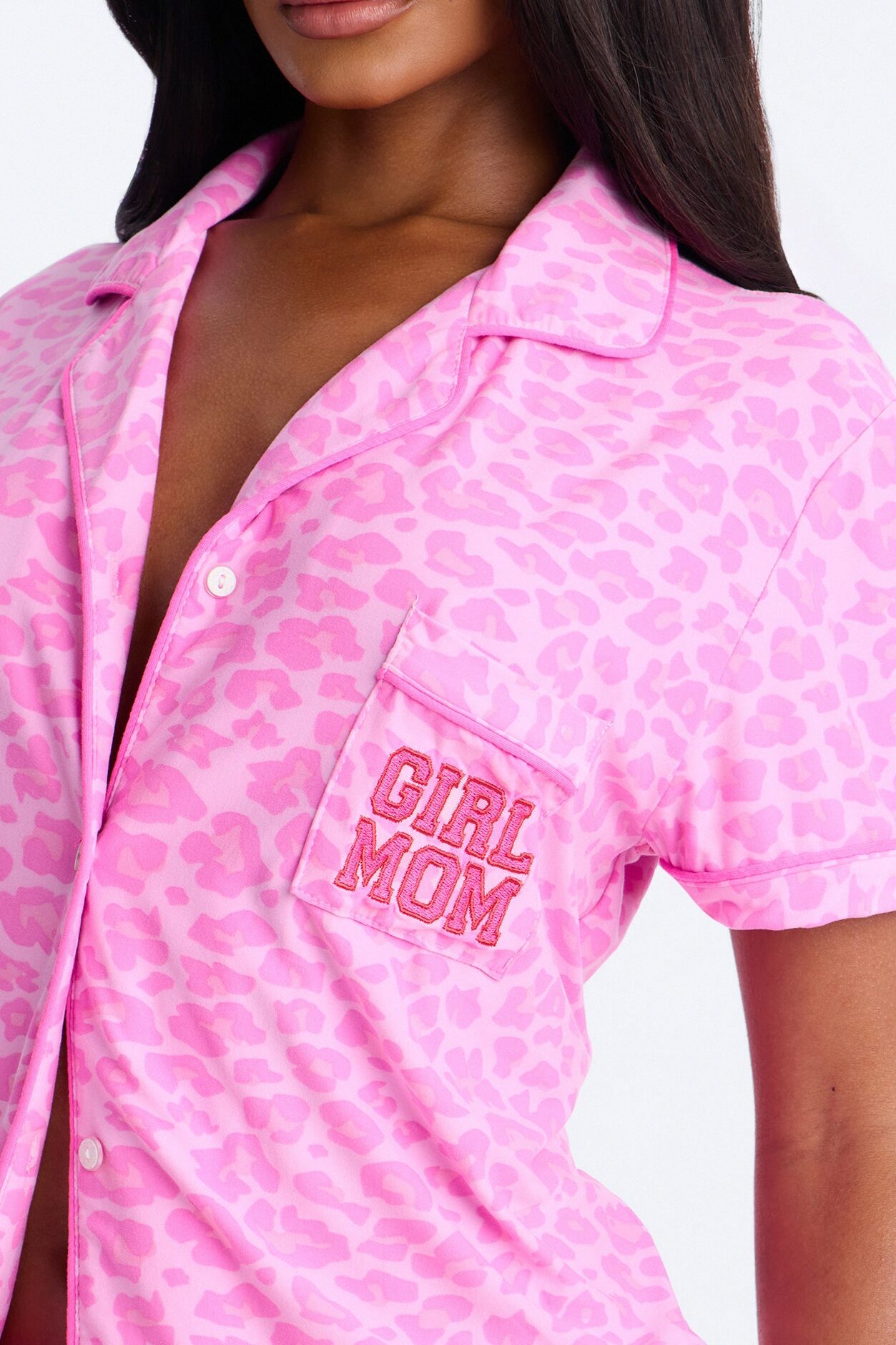 Cool Girl Mom Leopard PJ Notch Collar Set - Pink