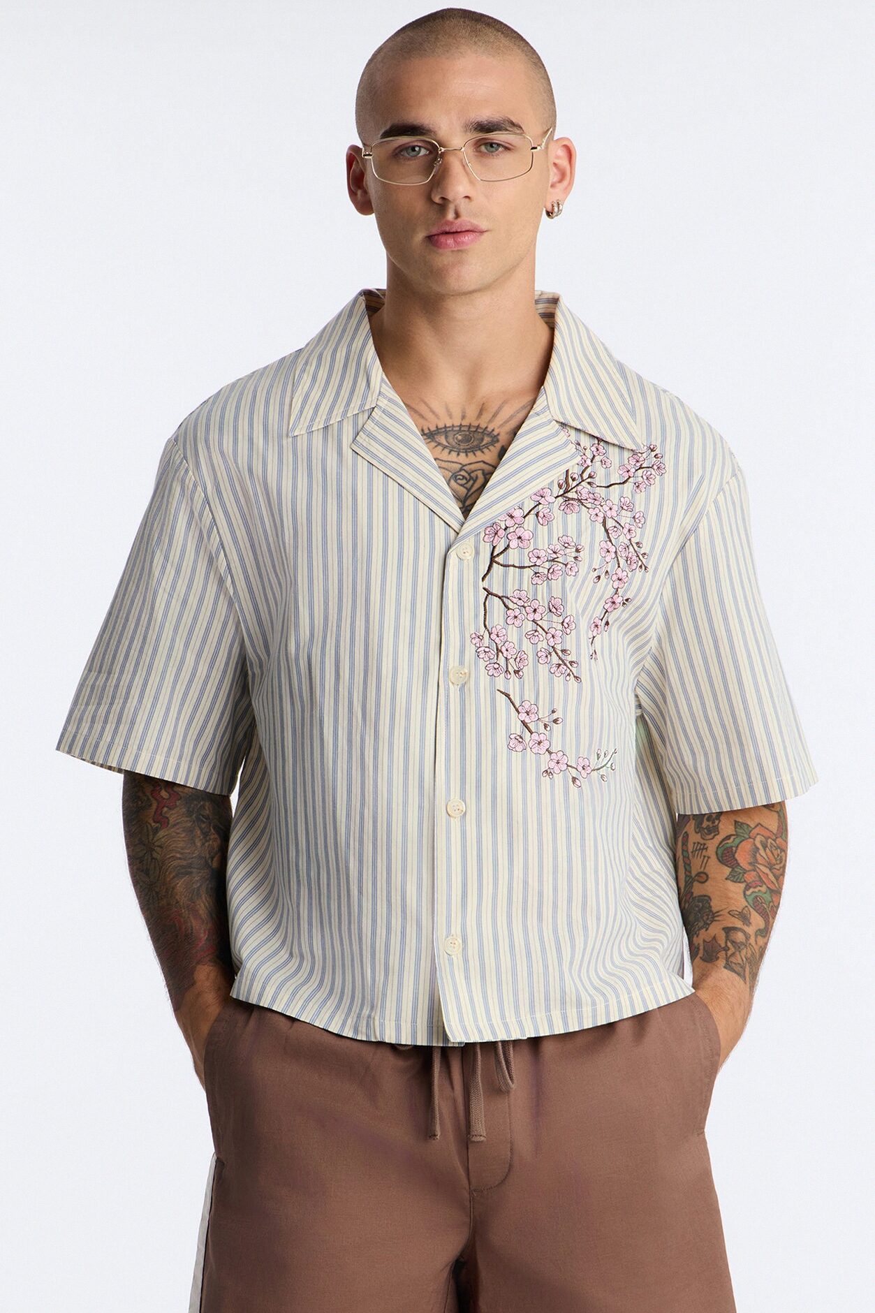 Haru Fade Stripe Cuban Collar Button Up Shirt - White/combo