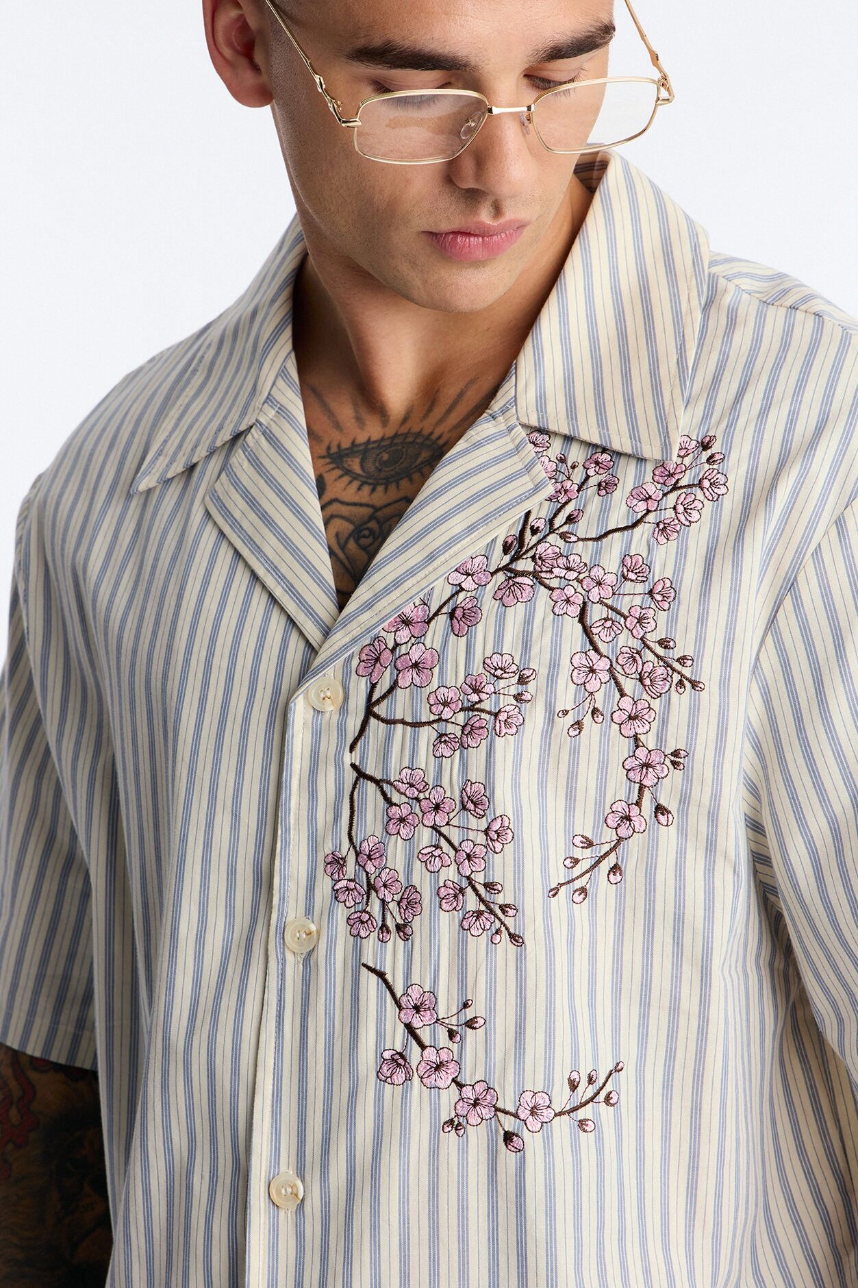 Haru Fade Stripe Cuban Collar Button Up Shirt - White/combo