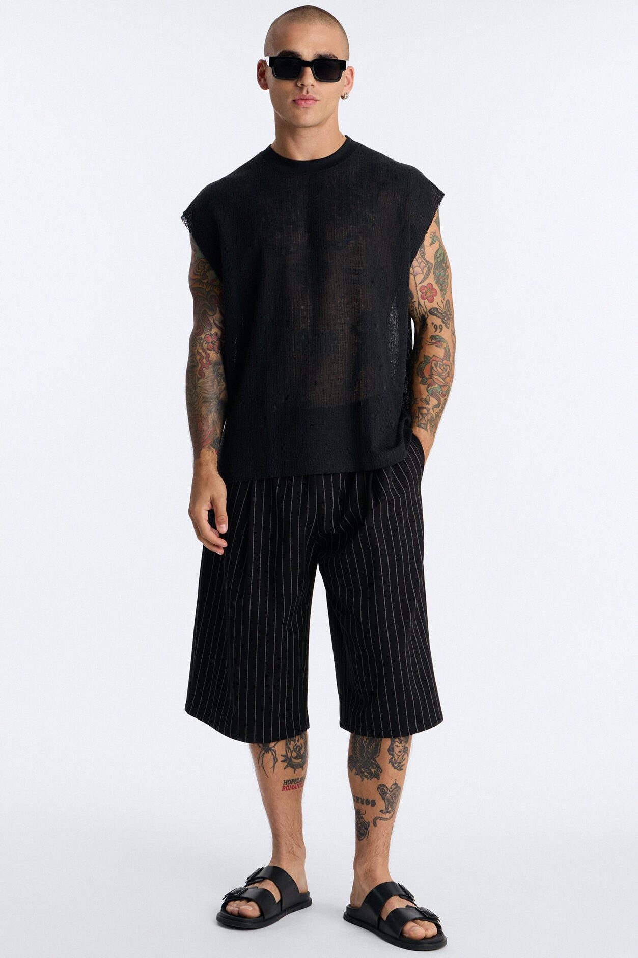 Oversized Sand Shell Sleeveless Tee - Black
