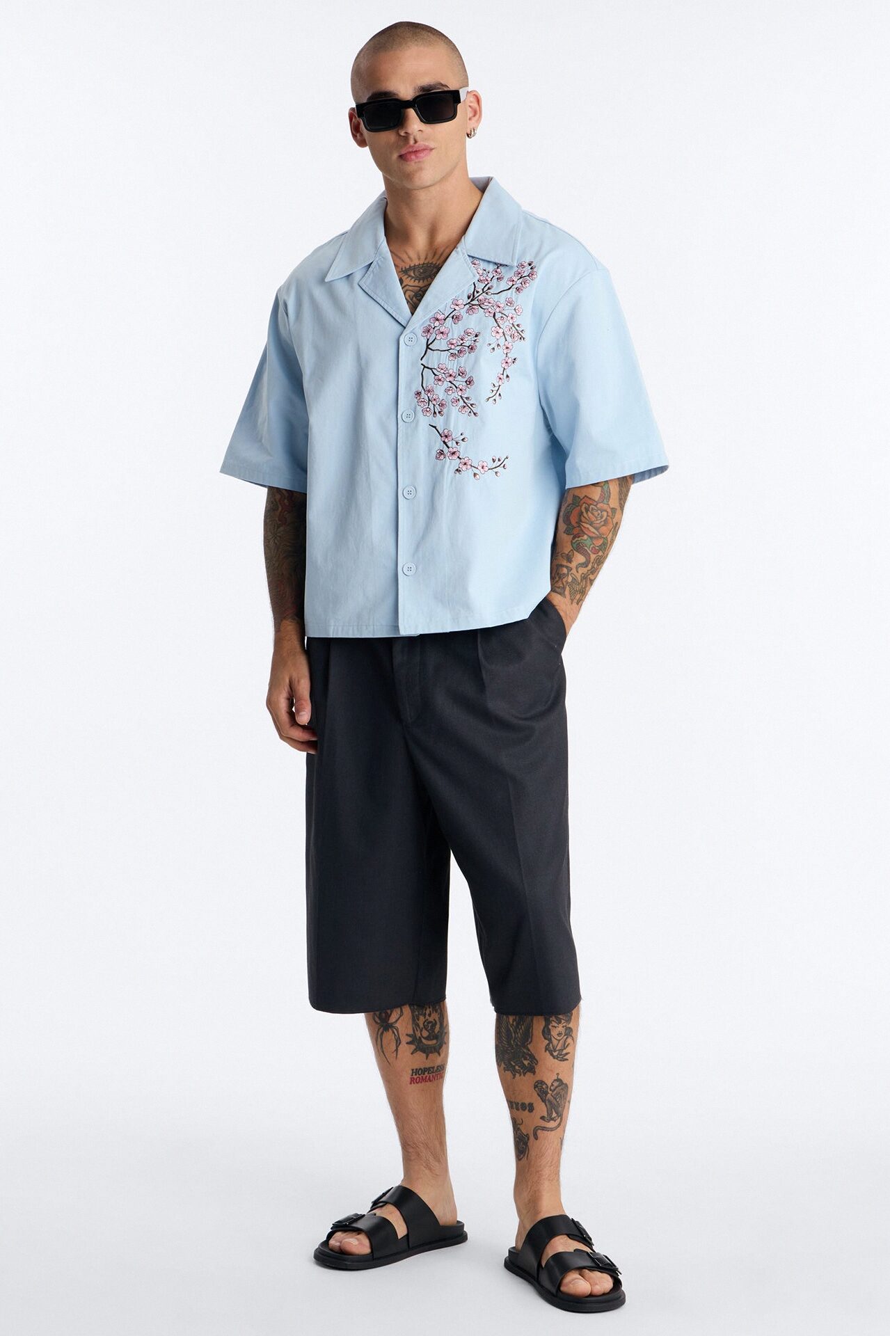 Haru Fade Stripe Cuban Collar Button Up Shirt - Light Blue