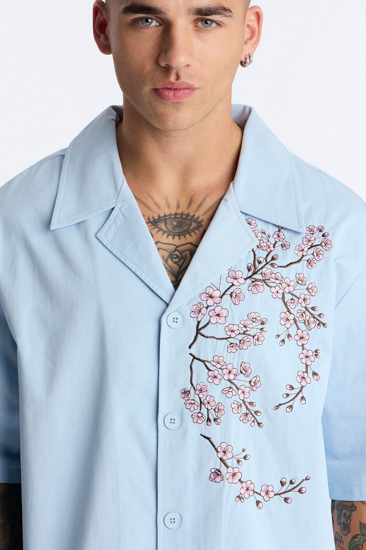 Haru Fade Stripe Cuban Collar Button Up Shirt - Light Blue
