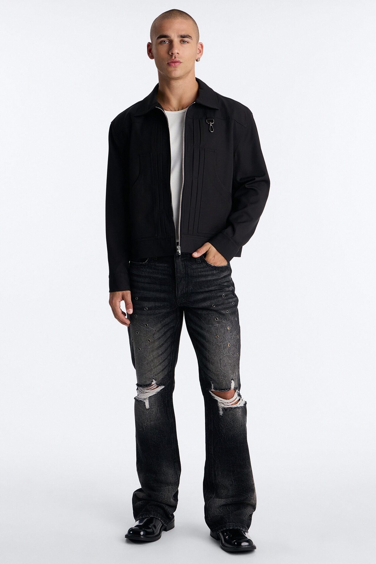 Stacked Slim Flare Looking Out Distressed Grommet Jean - Black Wash